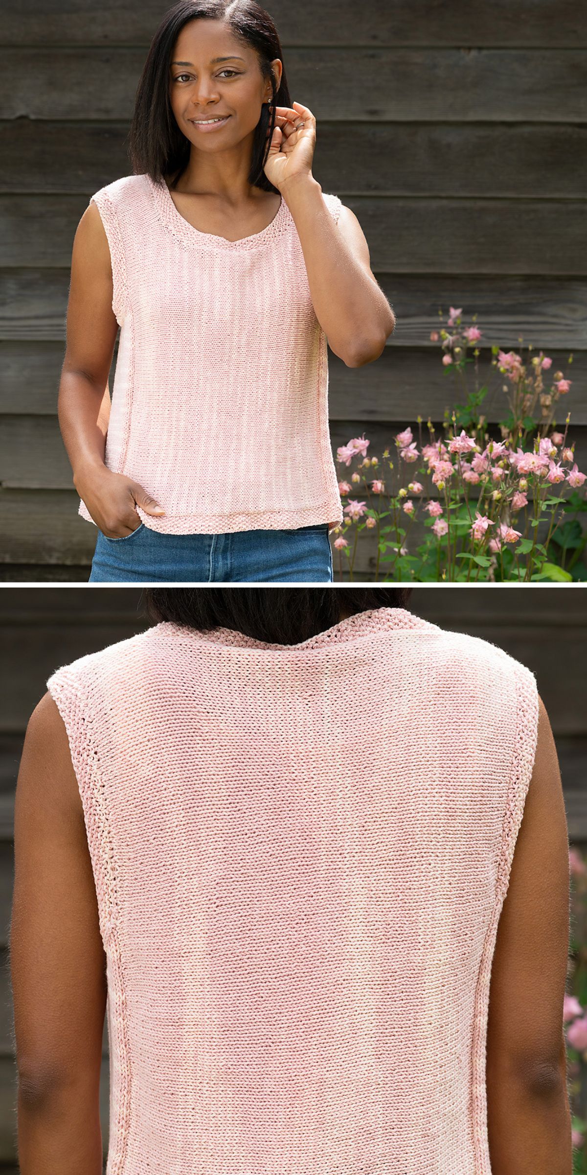 A woman wearing a light pink sleeveless knit tee top stands outdoors in front of wooden boards and flowering plants; close-up shows the back texture of the top.