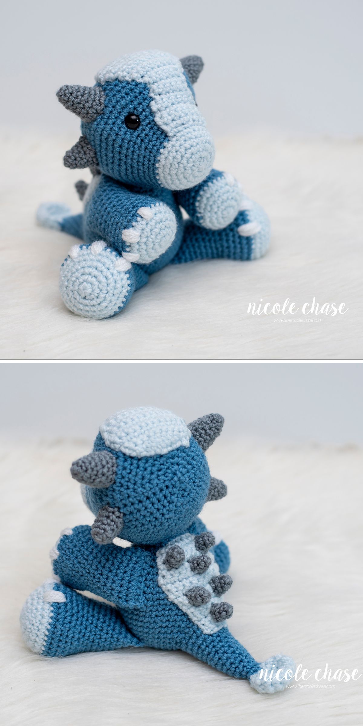 A blue and light gray crocheted dinosaur plush toy, made with amigurumi techniques, is shown from the front and back, sitting on a white textured surface—perfect inspiration for those seeking free crochet dinosaur patterns.