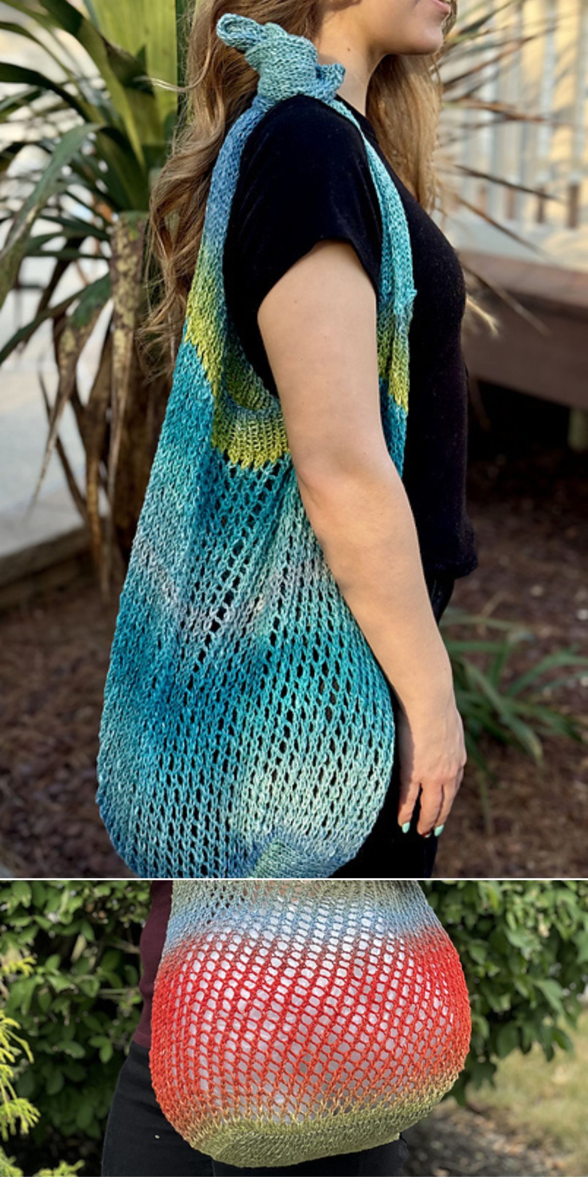 A person carries a large, multicolored mesh knit tote over their shoulder — empty in the top image and filled with red apples below, perfect for those seeking free knit bag patterns.