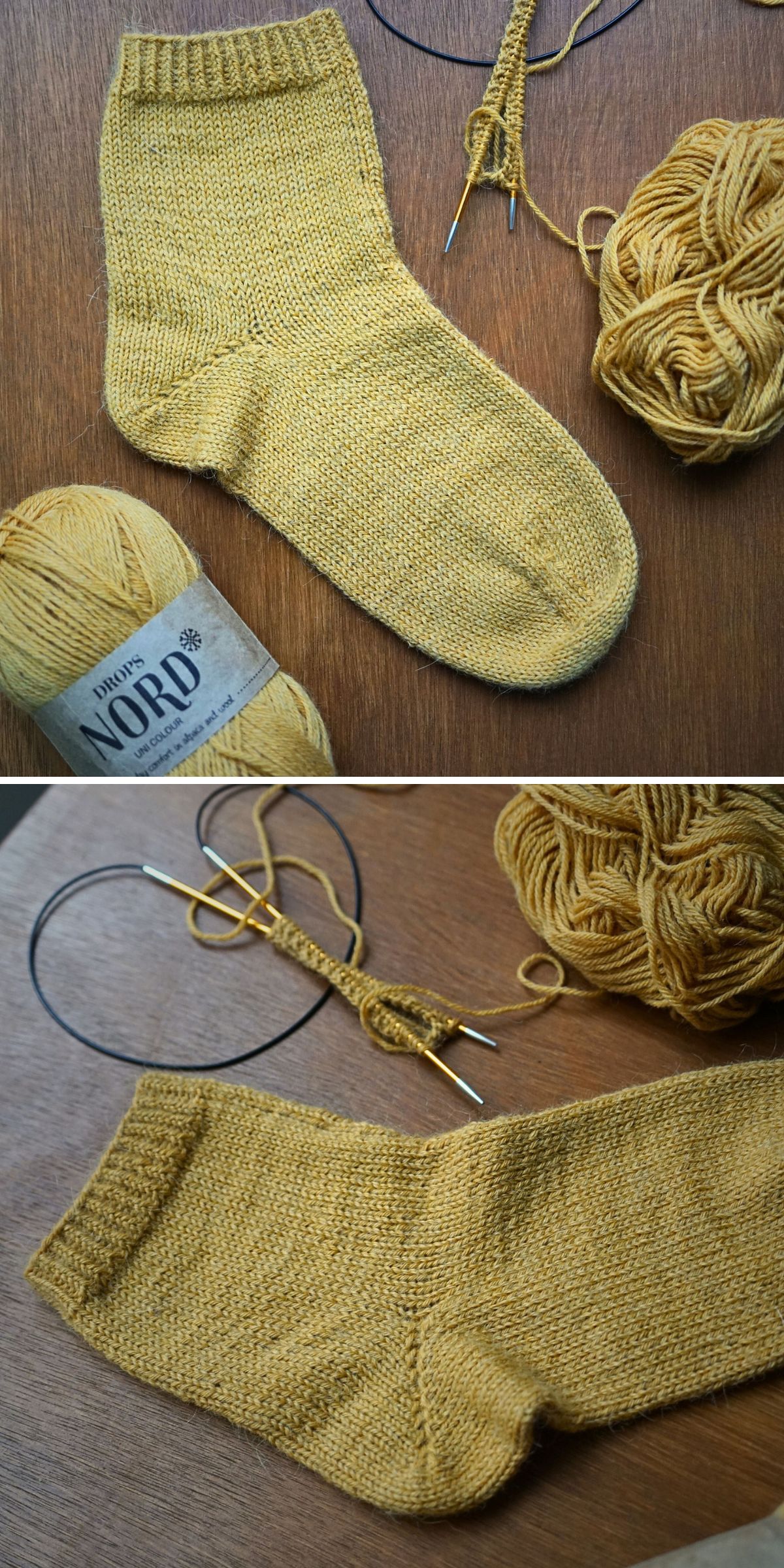 Two images of a yellow knitted sock in progress, with knitting needles, yellow yarn, and a yarn label on a wooden surface—perfect inspiration for discovering new knitting patterns for socks.