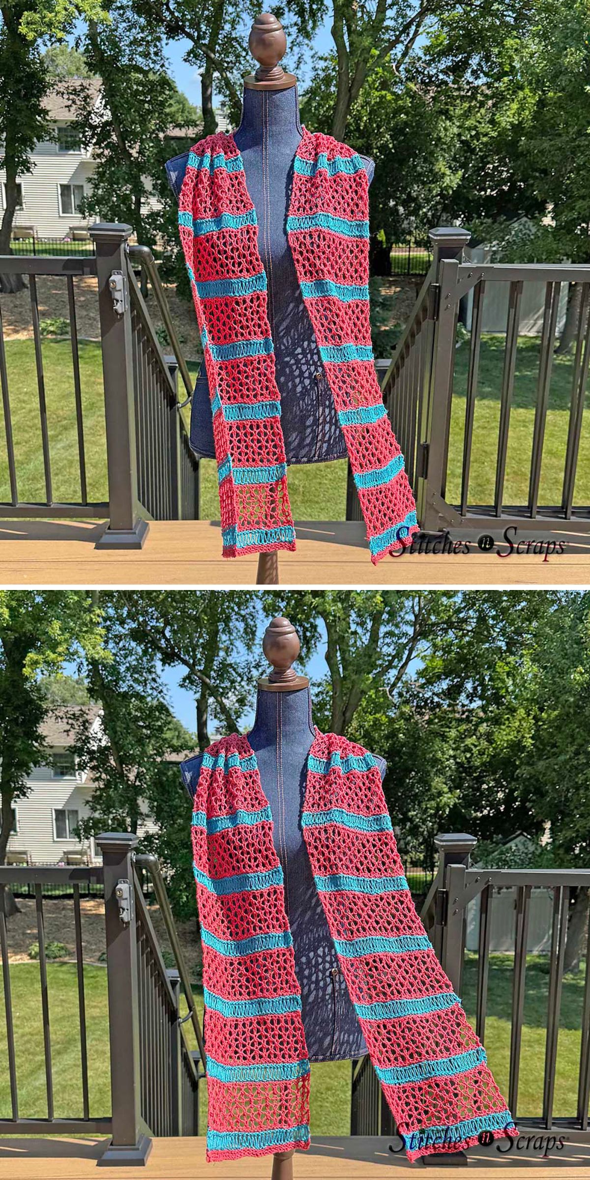 A mannequin displays a crocheted scarf with alternating teal and red horizontal stripes, photographed outdoors on a sunny day—an eye-catching example for those seeking unique knitting scarf patterns.