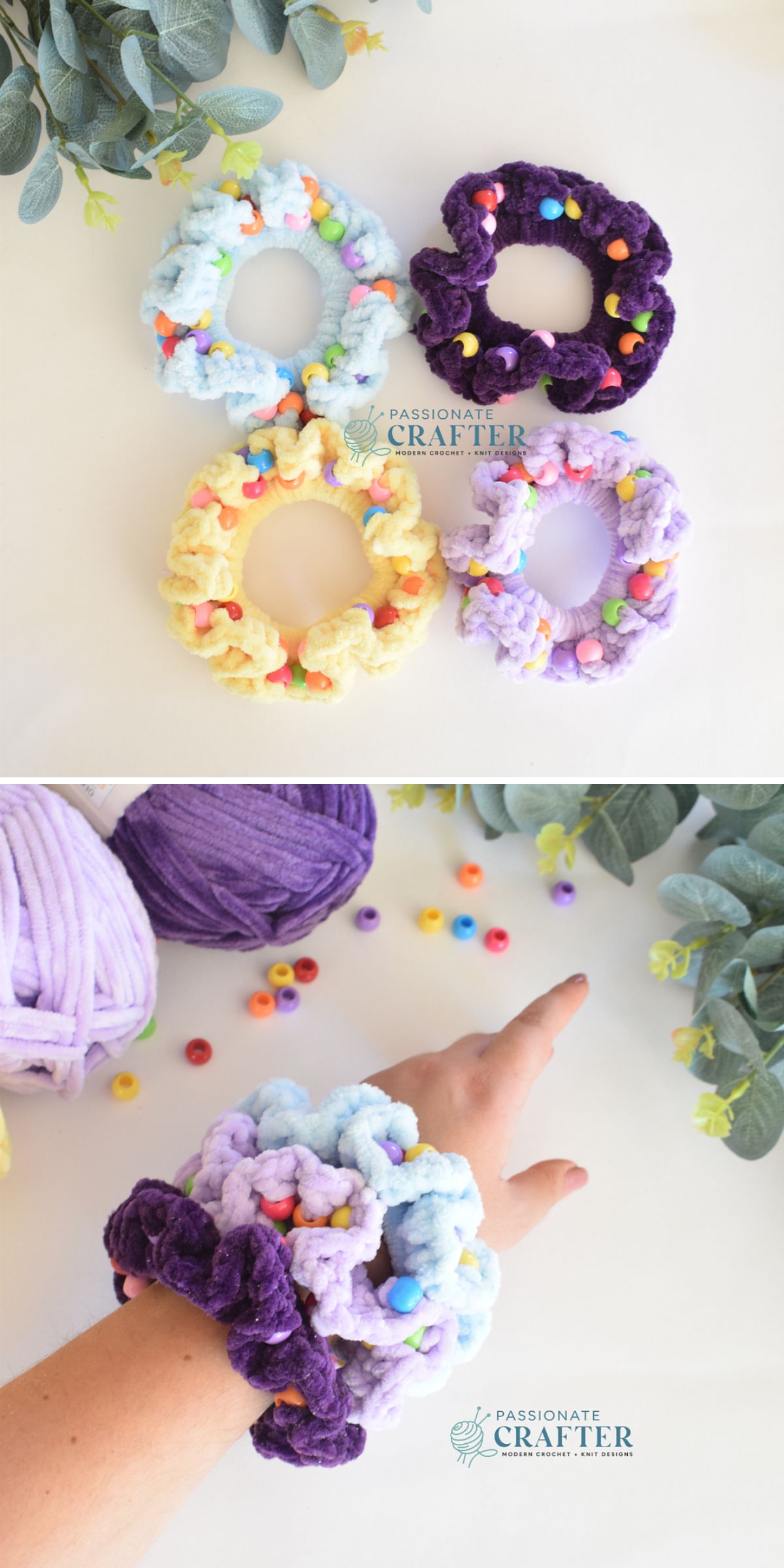 Crochet scrunchie with colorful beads displayed on a table, and one worn on a wrist, next to yarn balls and artificial leaves.