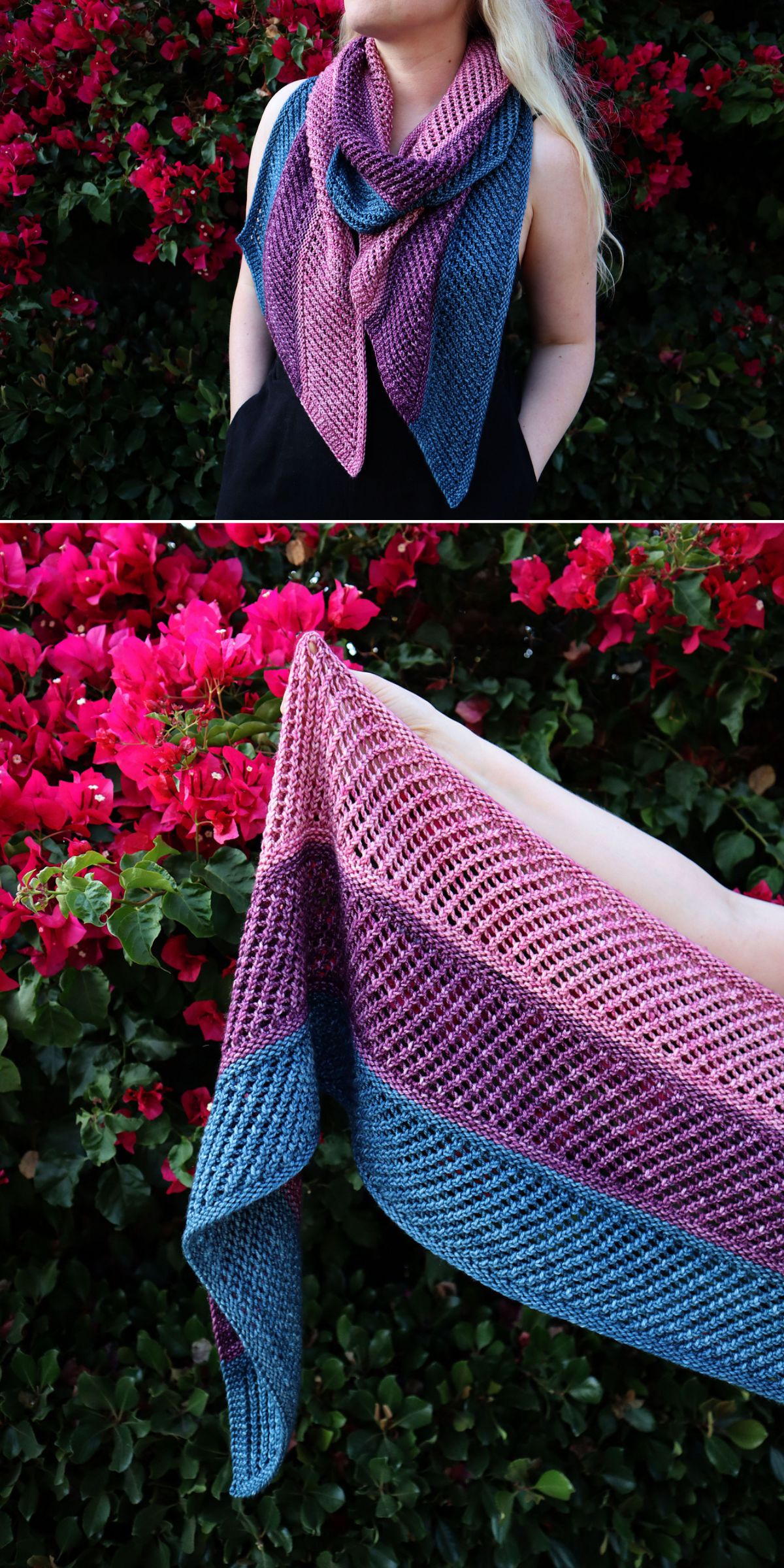 A person wears and holds a knitted shawl with blue and purple stripes, standing in front of vibrant pink flowering bushes, showcasing the beauty of creative knitting scarf patterns.