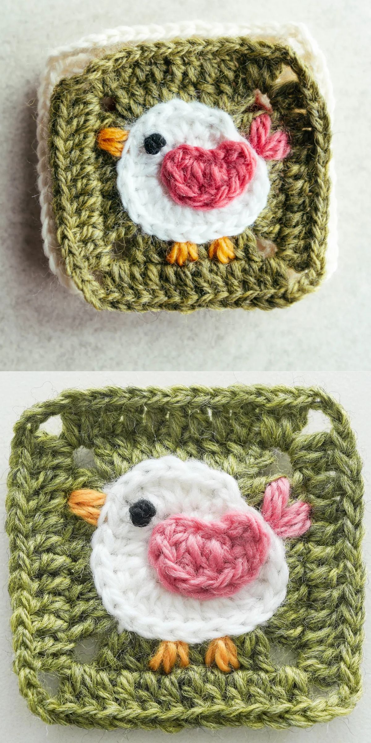 Two crocheted granny squares, each showcasing a crochet bird with a white body and pink wing and tail on a green background, displayed on a neutral surface.