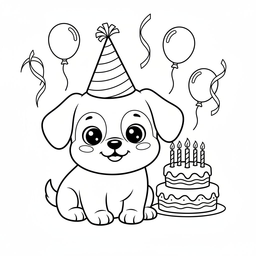 A cartoon puppy wearing a party hat sits next to a birthday cake with five candles, surrounded by balloons and streamers — perfect for free printable dog coloring pages for kids.