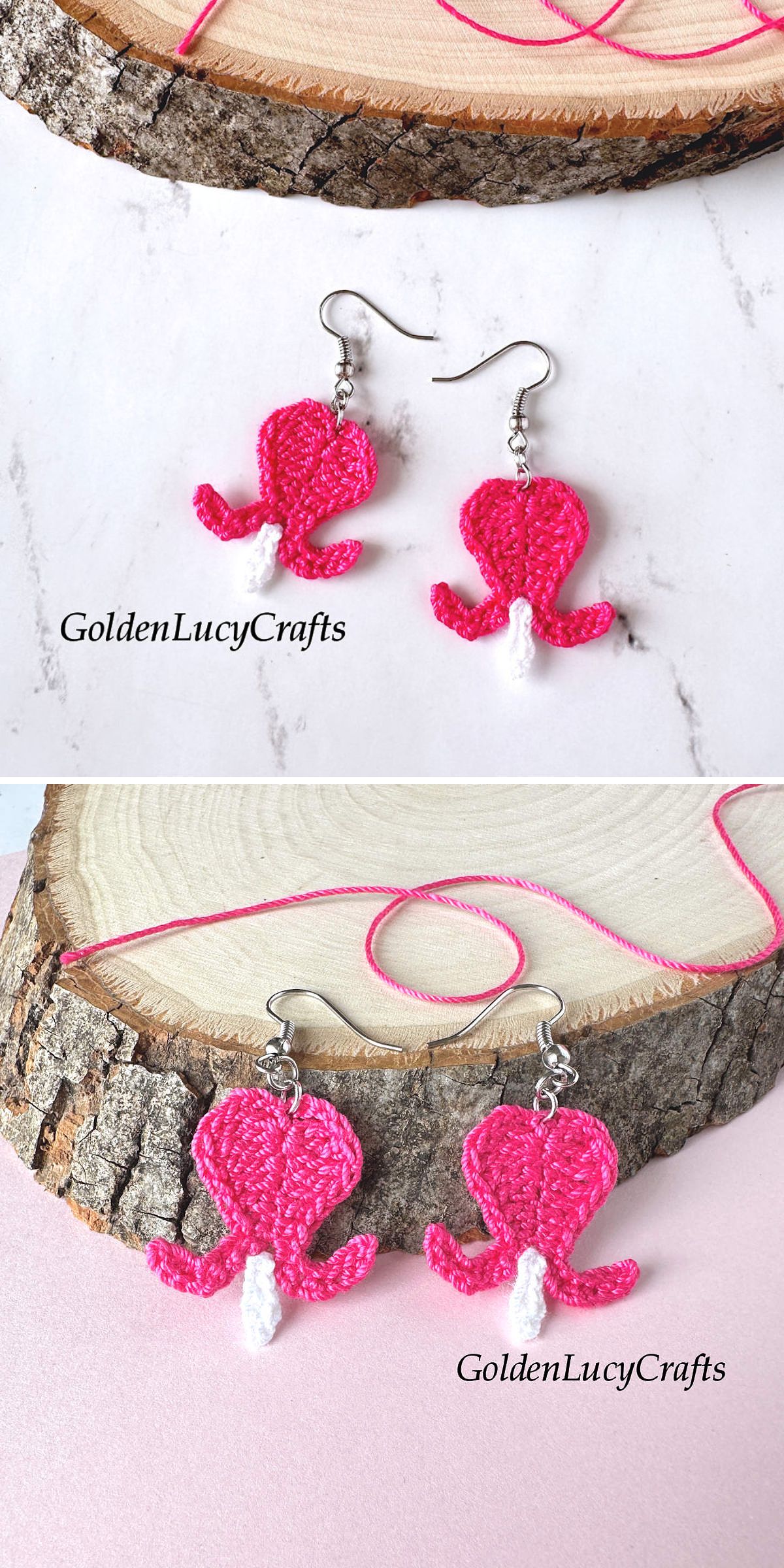A pair of handmade crochet earrings shaped like pink and white flowers, beautifully displayed on a wooden surface.