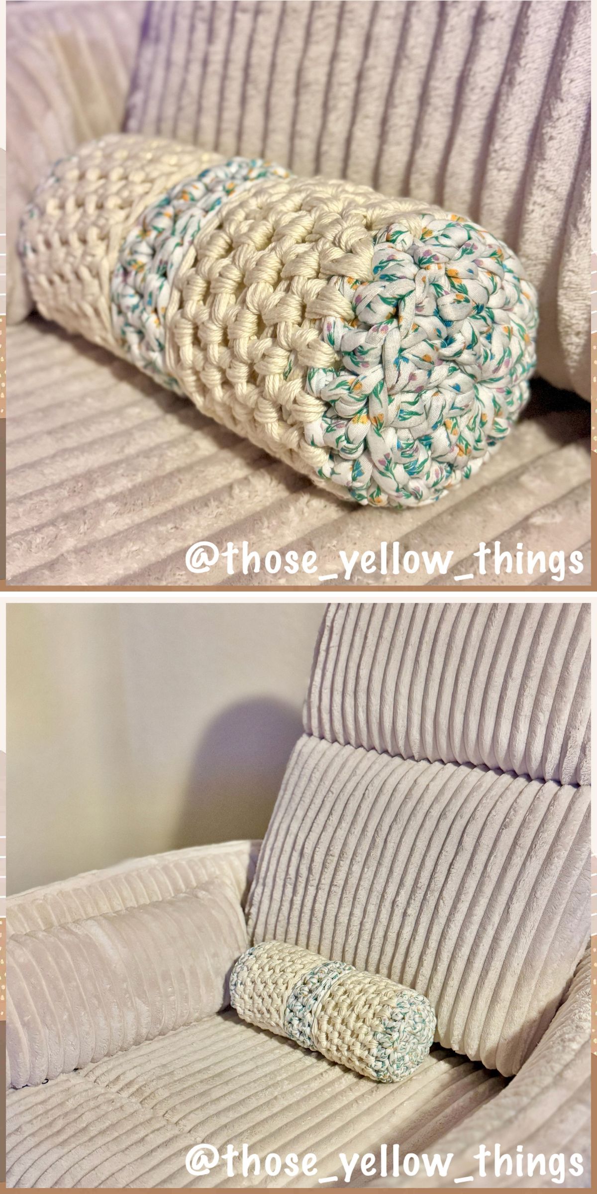 A crochet pillow in a cylindrical bolster shape, crafted with cream and teal yarn, rests on a beige, corduroy-textured sofa.