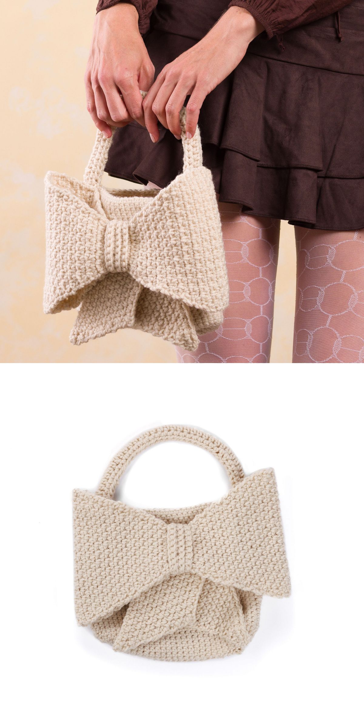 A person holds a crocheted beige handbag with a large bow detail; perfect for those seeking unique crochet bag patterns, the bag is also shown alone on a white background.