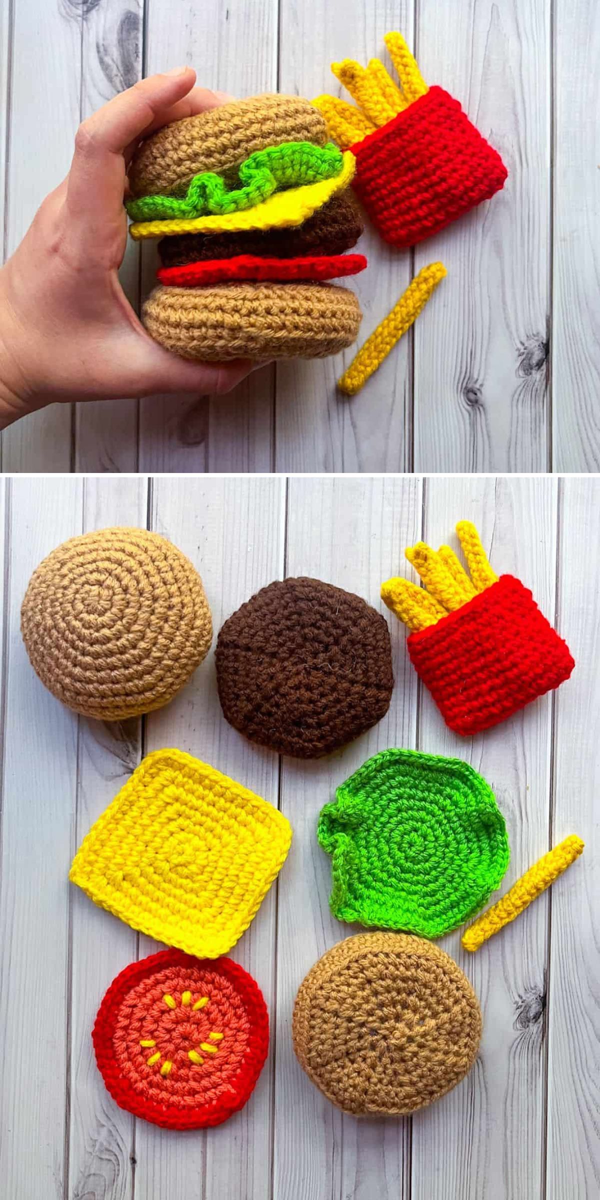 Two images show food amigurumi: a hand holds a crocheted burger and fries, while the second image displays the burger disassembled into separate bun, patty, cheese, lettuce, and tomato pieces.