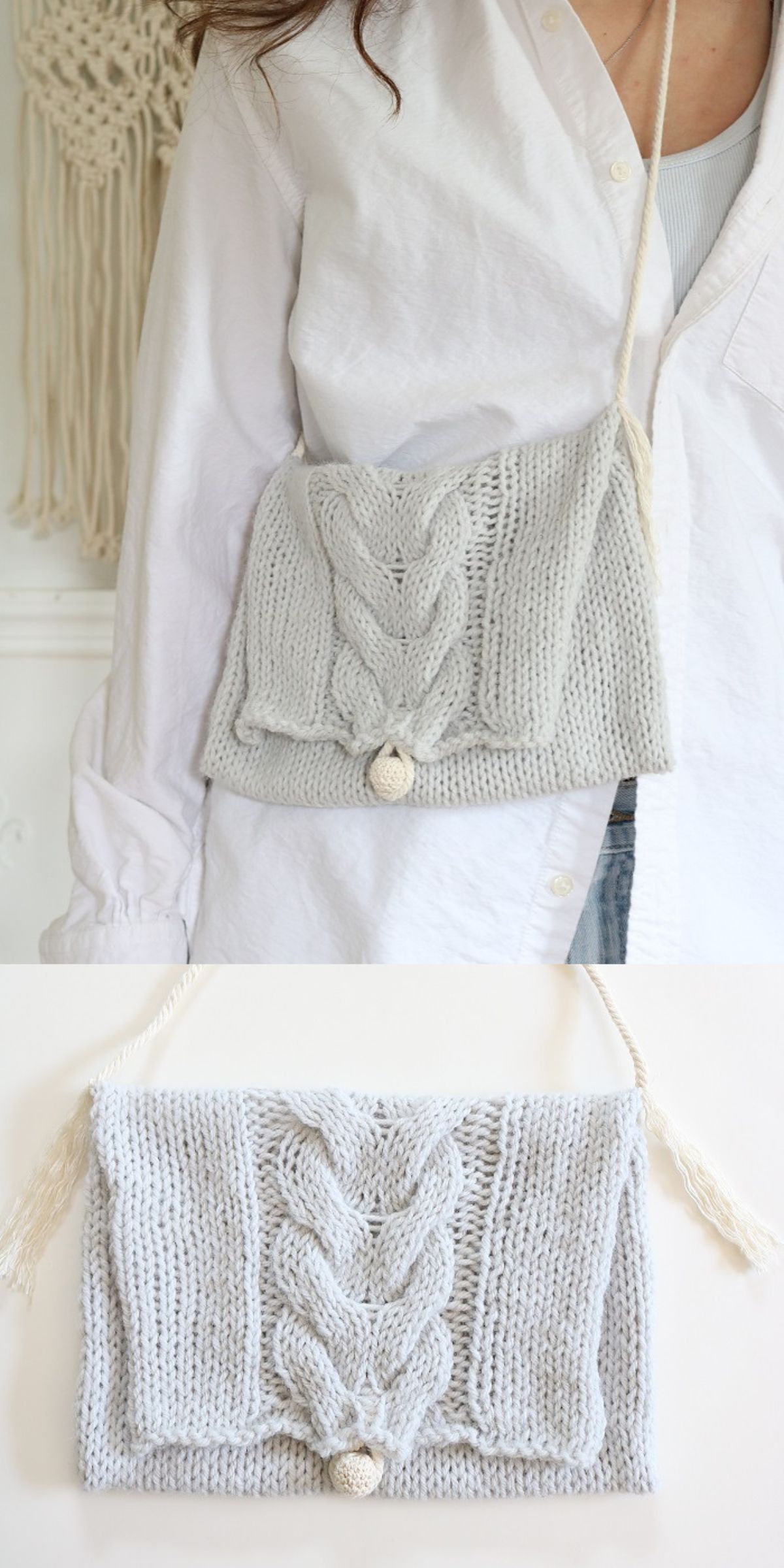 A person in a white shirt carries a stylish knit bag — a light gray, cable-knit shoulder bag with a rope strap and button closure; close-up of the knit bag shown below.