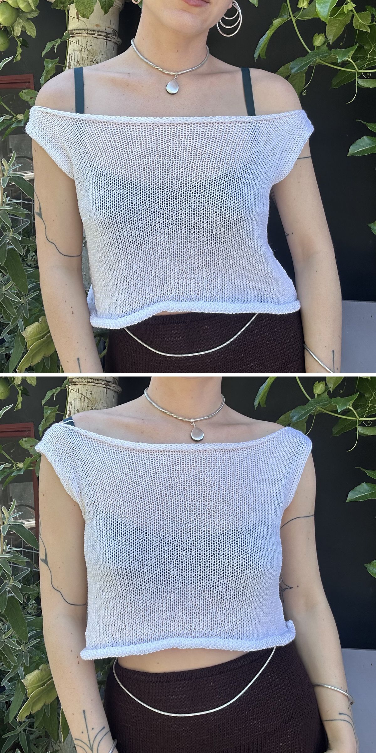 Two side-by-side images of a person wearing a sheer white knit crop top, black bra straps visible, accessorized with necklaces and standing near leafy plants.