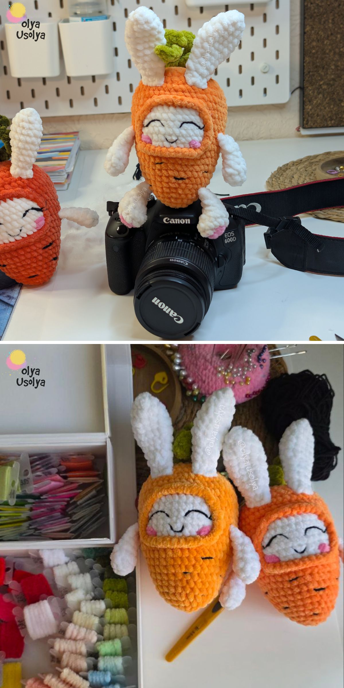 Two images show plush toys shaped like carrots with bunny ears and closed eyes, resembling a crochet bunny, placed on a Canon camera and near craft supplies.