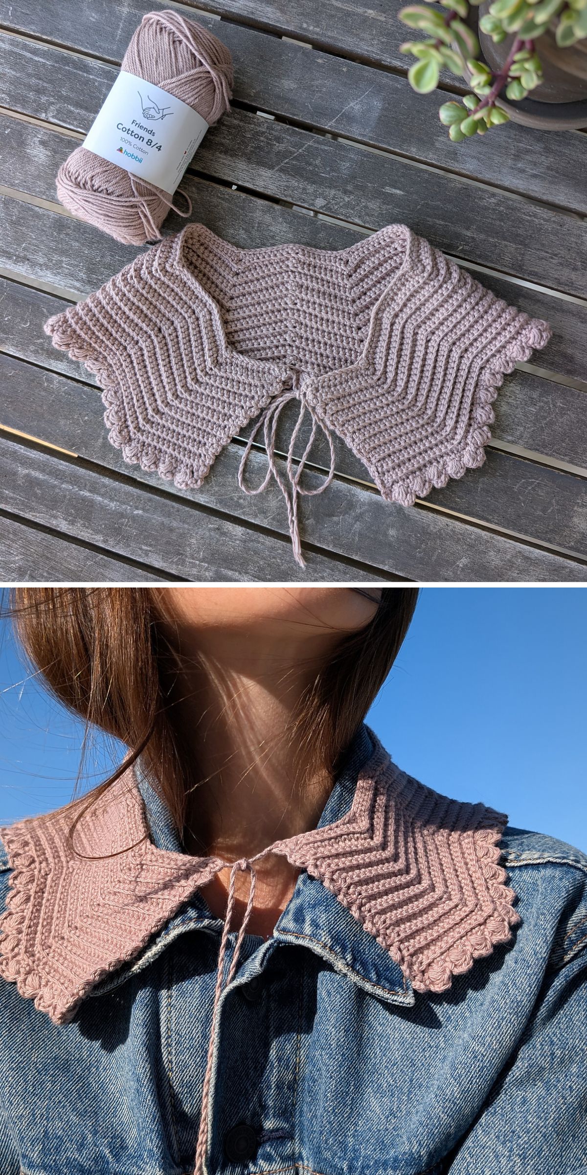 A hand-crocheted, light purple crochet collar is displayed on a wooden table and styled over a denim jacket by a person outdoors.