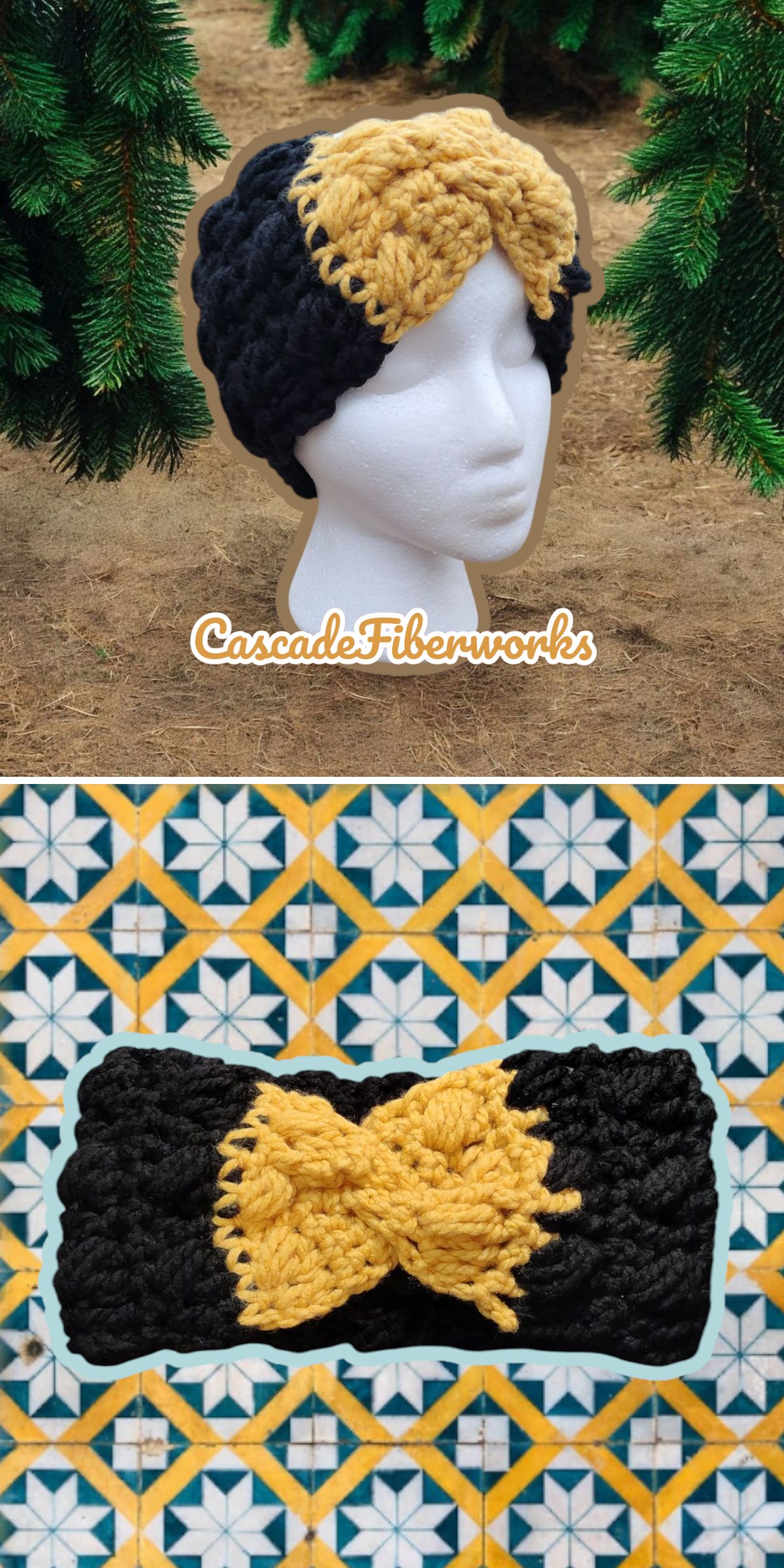 A black and yellow crochet headband with a bow design is displayed on a mannequin head and laid flat against a patterned tile background.