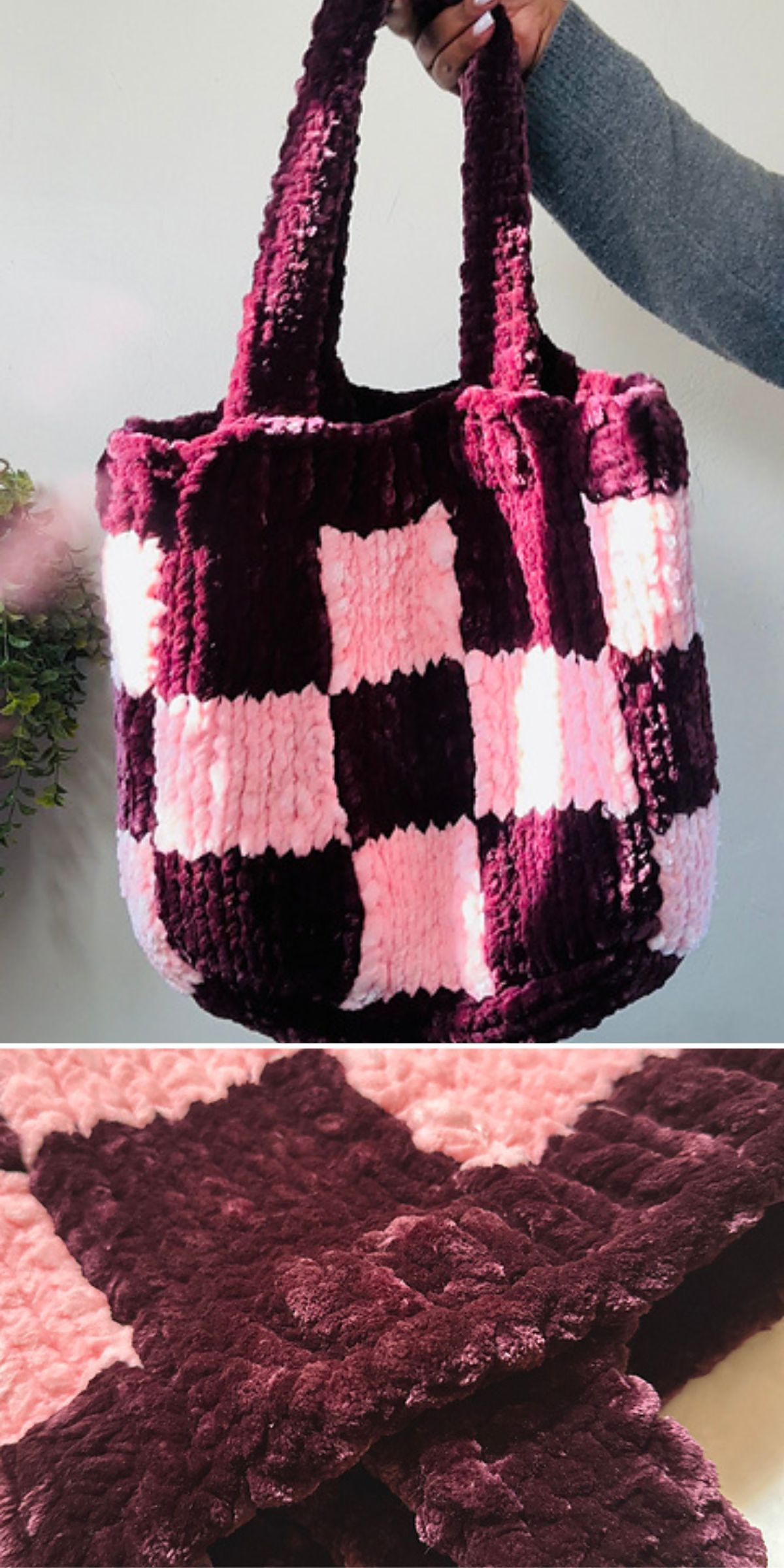 A hand holds a soft, plush tote bag with a pink and dark purple checkerboard pattern; close-up shows the bag's textured fabric, perfect for those seeking inspiration from free knit patterns or looking to create unique knit totes.