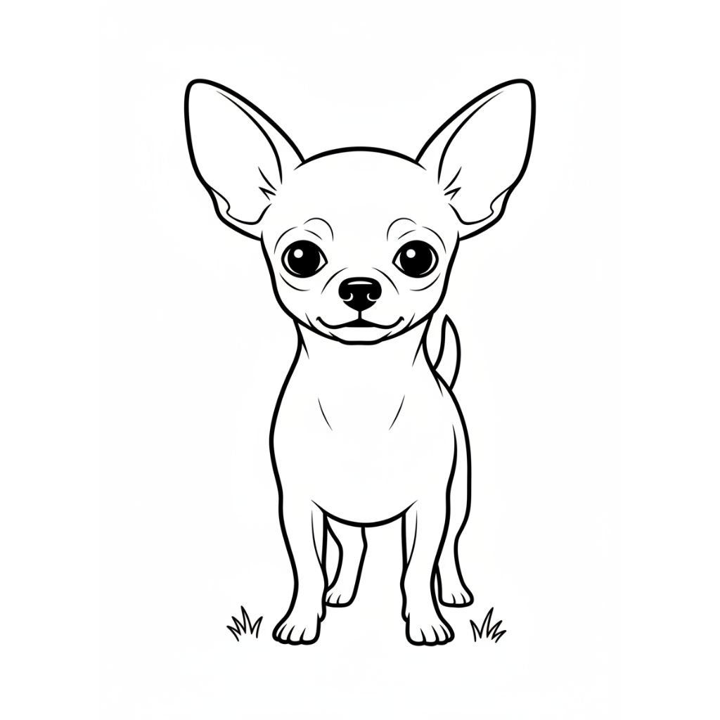 Black and white line drawing of a Chihuahua standing on grass, facing forward with large ears and an alert expression. Perfect for free, printable dog coloring pages.