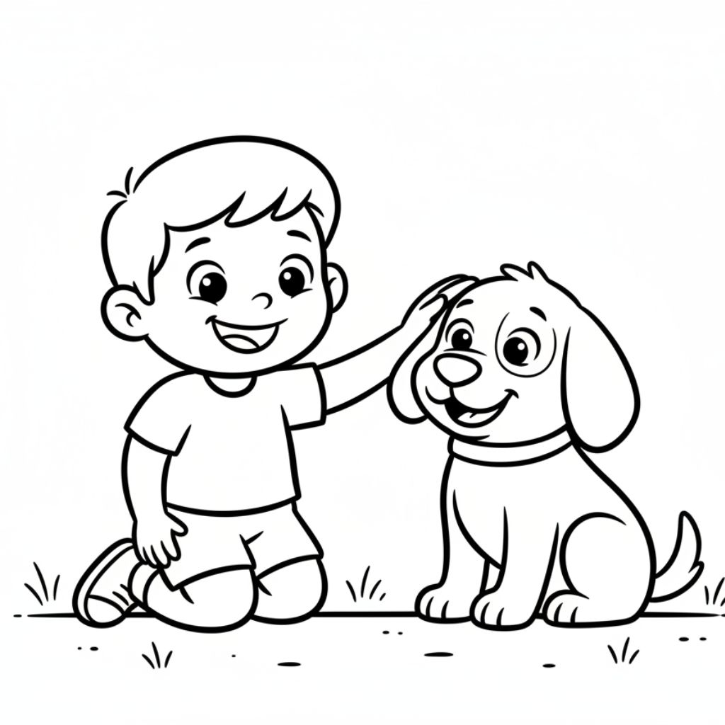 A young boy kneels on grass, smiling and petting a happy dog sitting beside him. Both appear cheerful in this black and white cartoon illustration, perfect for kids and adults as free printable dog coloring pages.