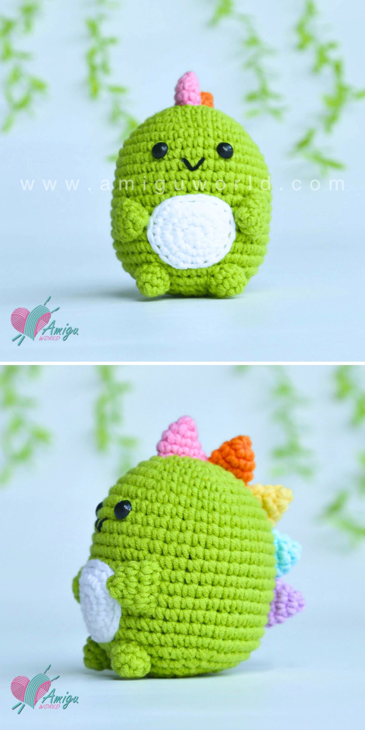 Two images feature a charming crochet dinosaur with colorful spikes, a white belly, black eyes, and a cheerful smile, shown from both the front and side.