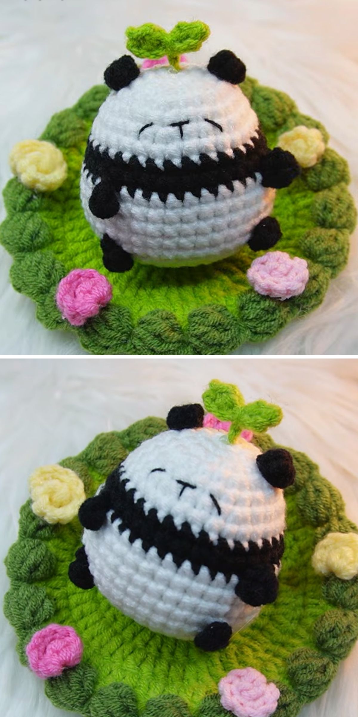 Two photos of a round Crochet Panda with a green sprout on its head, sitting on a green crocheted mat decorated with pink and yellow flowers.