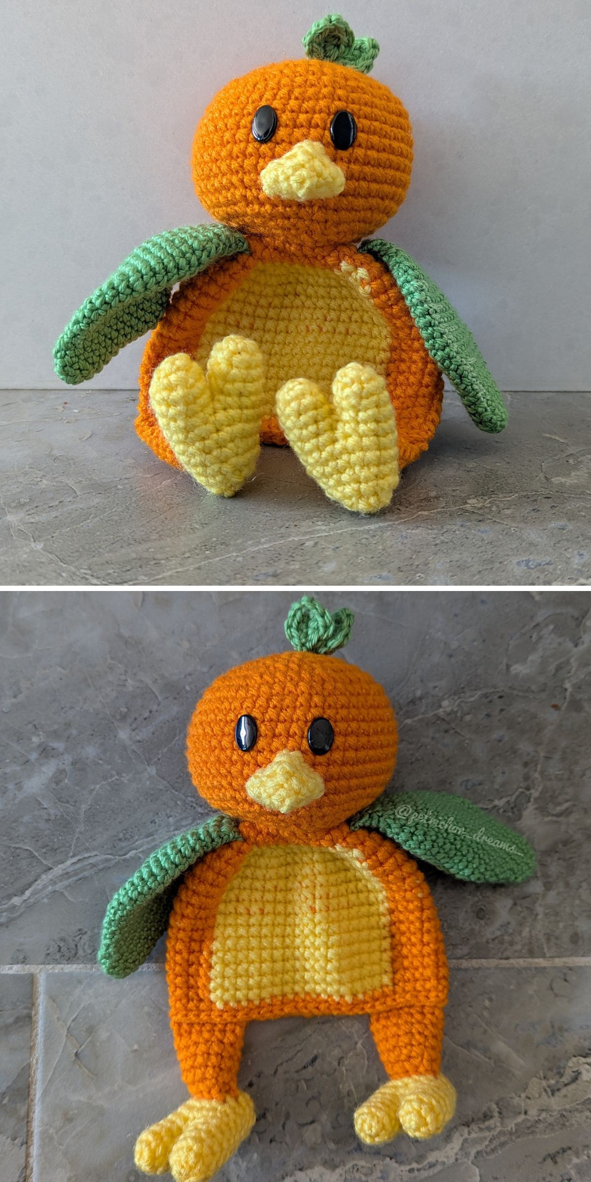 Two photos of a crochet bird stuffed toy featuring an orange body, green wings, yellow beak, feet and belly, black button eyes, and a small green tuft on its head.
