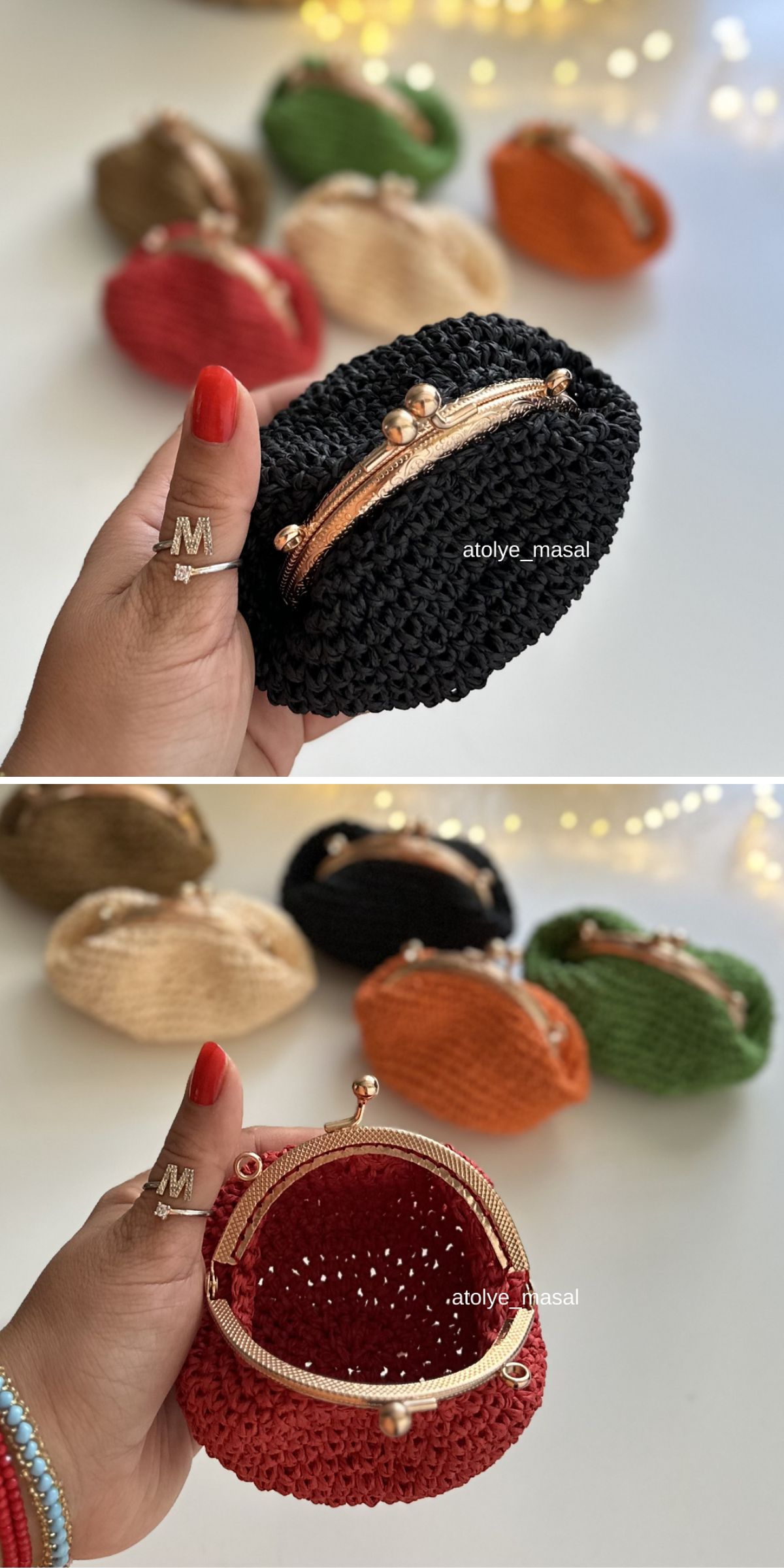 A hand holds a small, black crochet pouch with a metal clasp; several similar coin purses in different colors are blurred in the background.