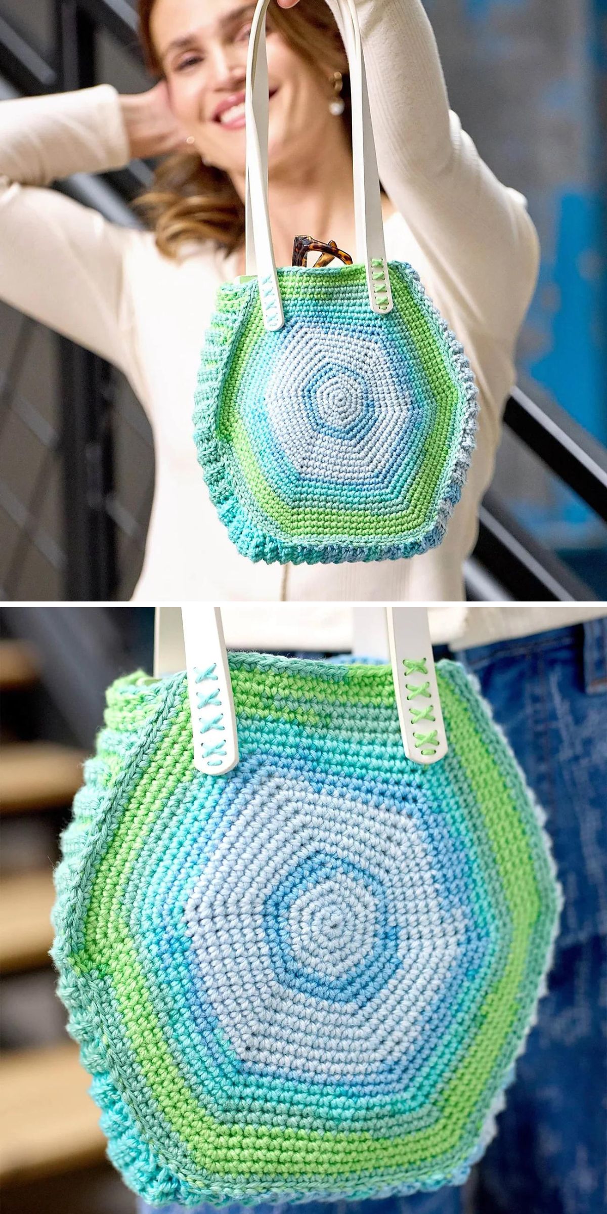 A woman holds a crocheted hexagonal tote bag with blue, green, and white stripes and white handles; close-up of the bag highlights textured stitching—perfect inspiration for those seeking unique crochet tote bags or new crochet bag patterns.