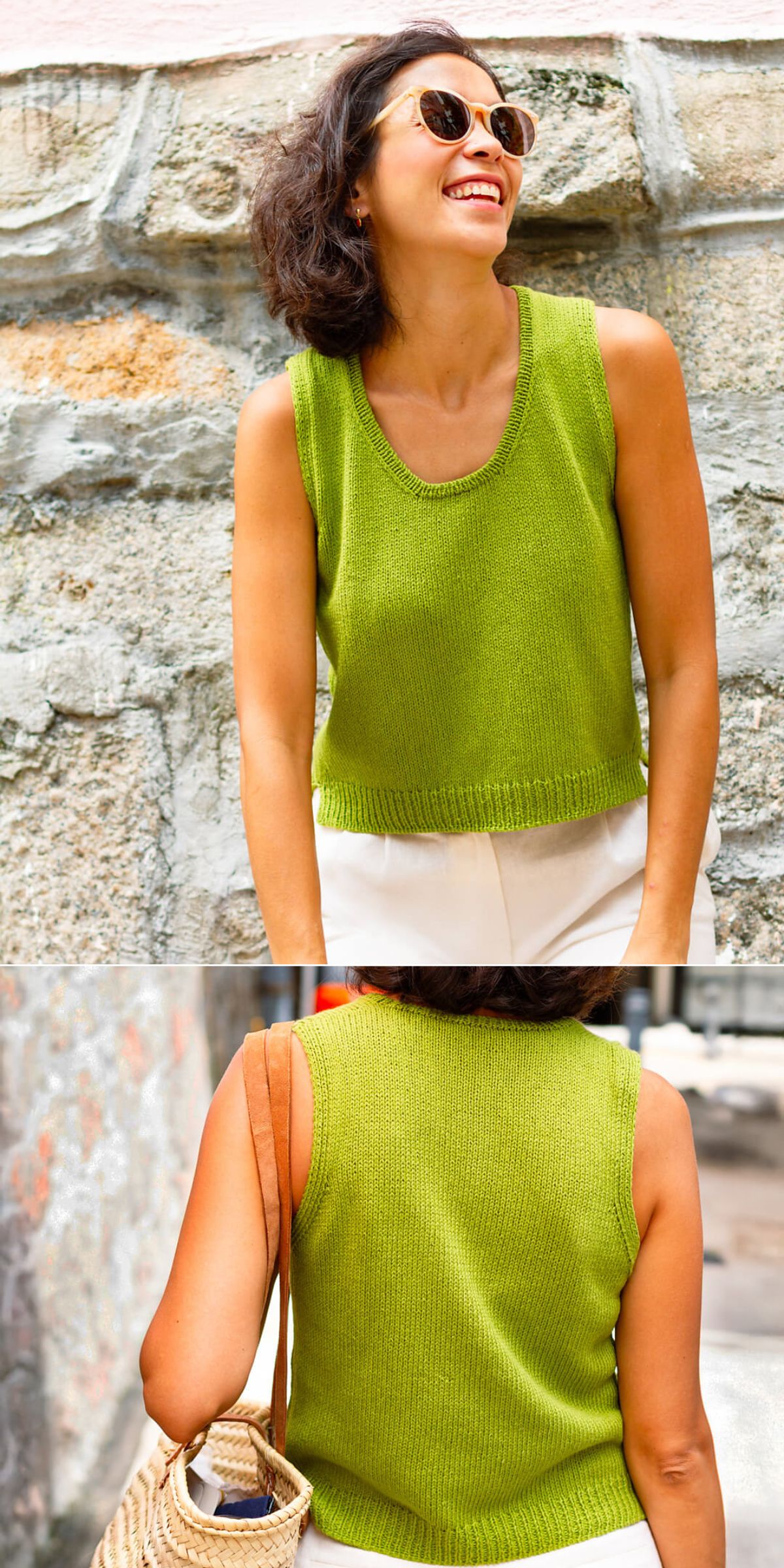 A woman wearing sunglasses and a sleeveless green knit tank top, smiling in front of a stone wall. The second image shows the back of the halter top as she carries a woven bag.