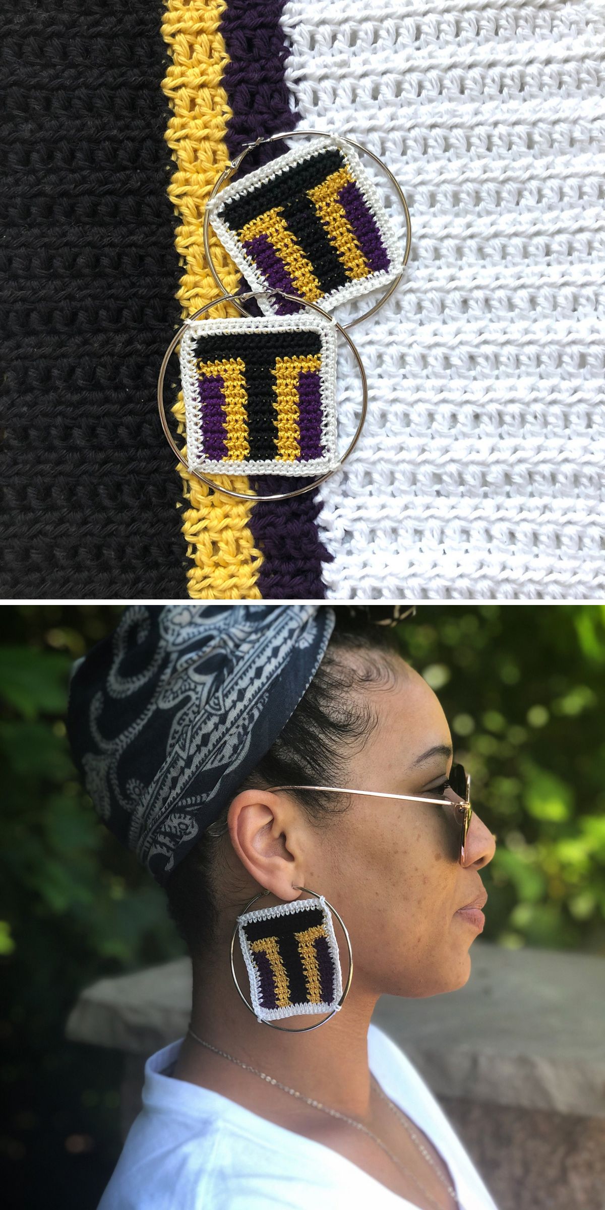 A pair of square crochet earrings with black, yellow, and purple stripes on a silver hoop, shown close up and worn by a woman with sunglasses and a headscarf. These handmade crochet earrings add bold style to any look.