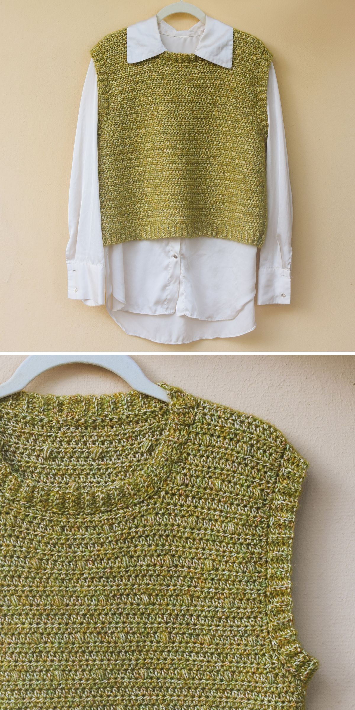 A white collared shirt paired with a green crochet vest is shown in full view, along with a close-up highlighting the intricate texture of the sleeveless sweater vest.