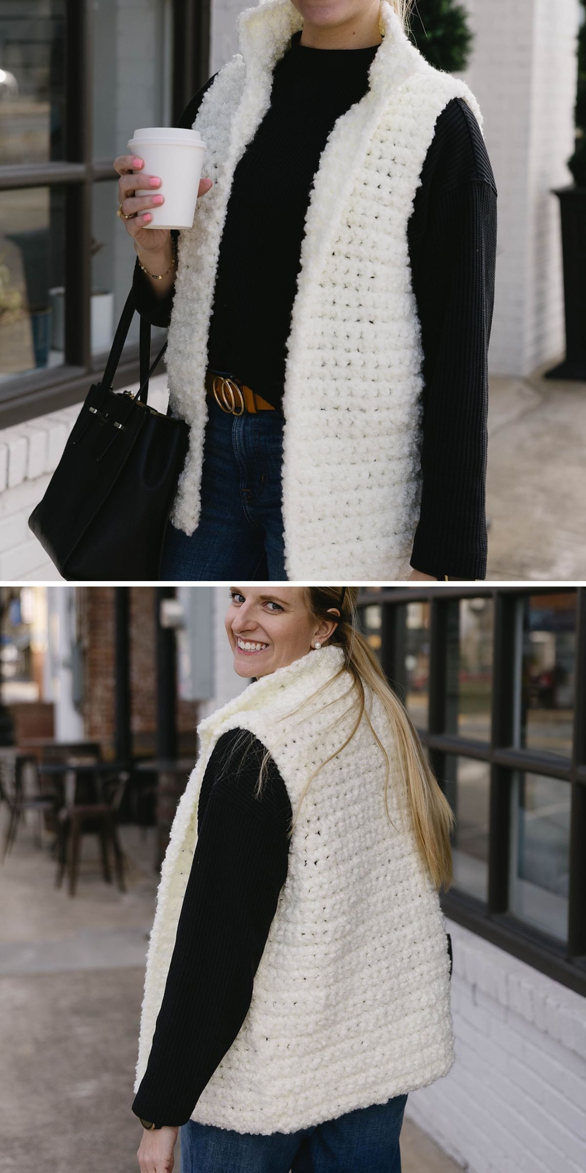 A woman wearing a black top, blue jeans, and a white crochet vest stands outside holding a white cup and a black purse, with the crochet vest visible from both the front and back.