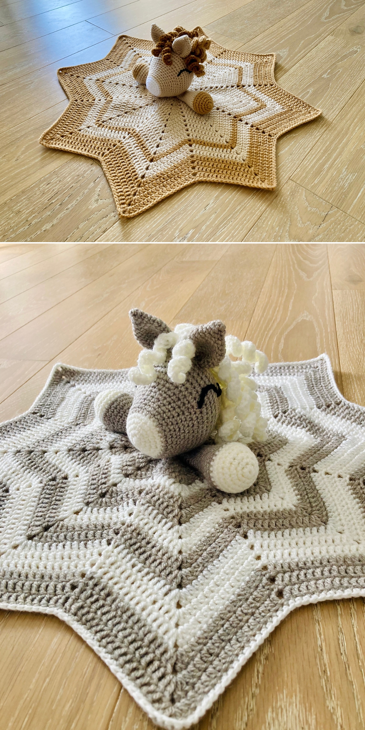 Two crocheted star-shaped blankets are shown, each topped with a crochet baby lovey unicorn toy; one set is beige and brown, the other is white and gray. Both are placed on a wooden floor.
