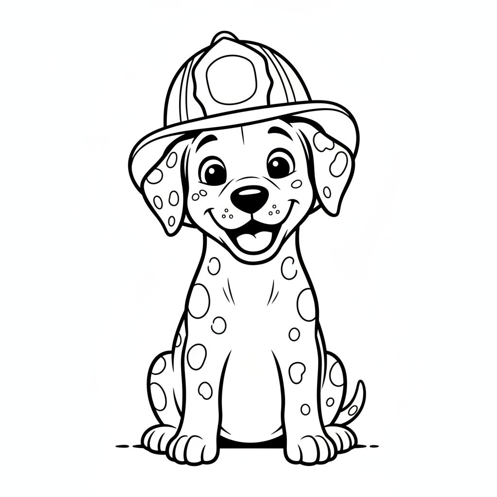 Cartoon Dalmatian puppy sitting and smiling, wearing a firefighter helmet. Black and white line drawing — perfect for kids and adults looking for free printable dog coloring pages.