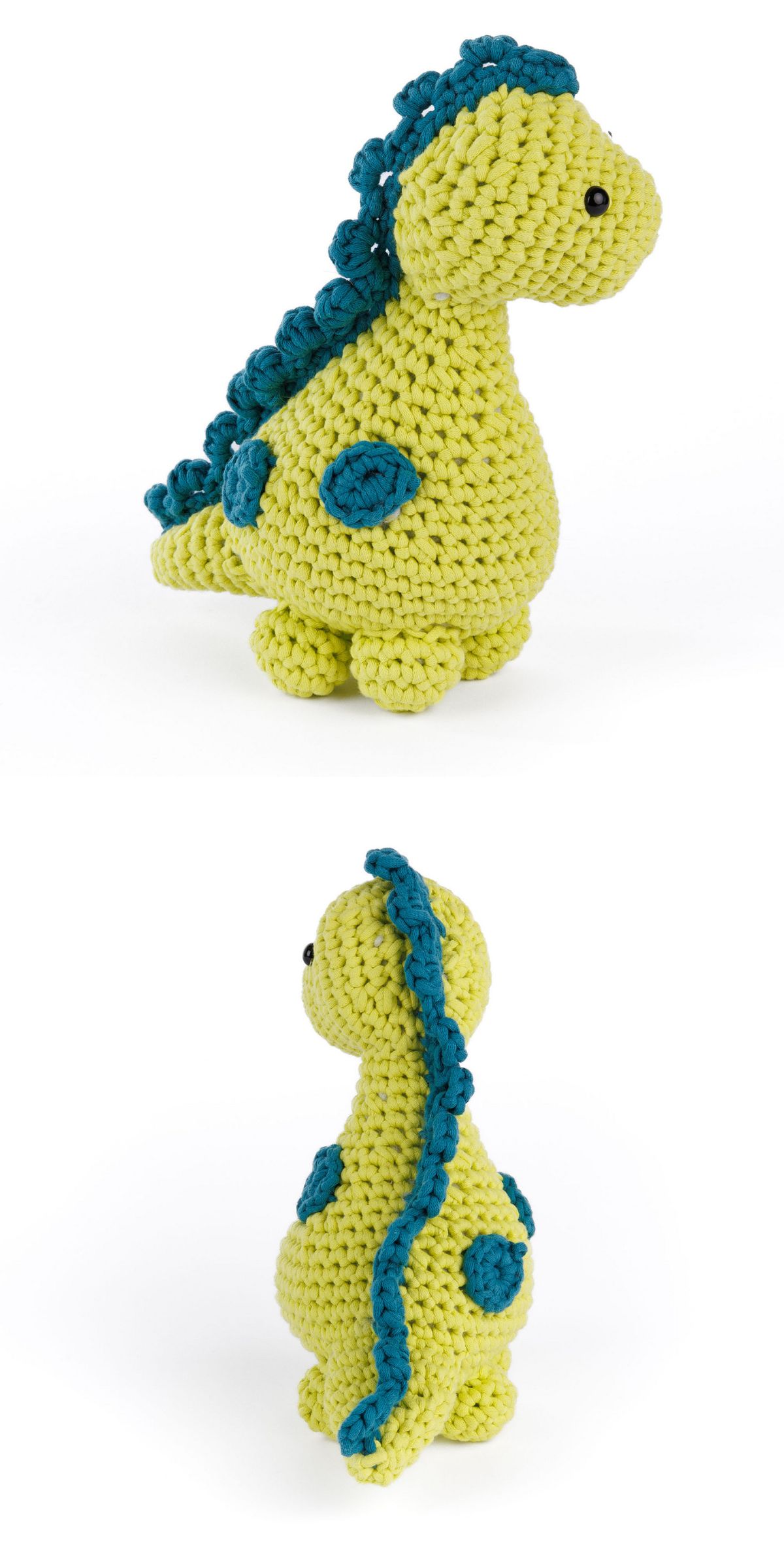 A crocheted yellow amigurumi dinosaur toy with blue spots and a blue ridge along its back, shown from side and rear angles. Perfect for fans of crochet dinosaur patterns.
