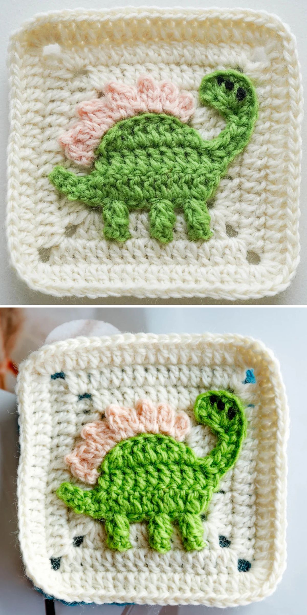 Two crocheted white squares, each featuring a crochet dinosaur in green with pink spikes and black eyes, made using yarn.