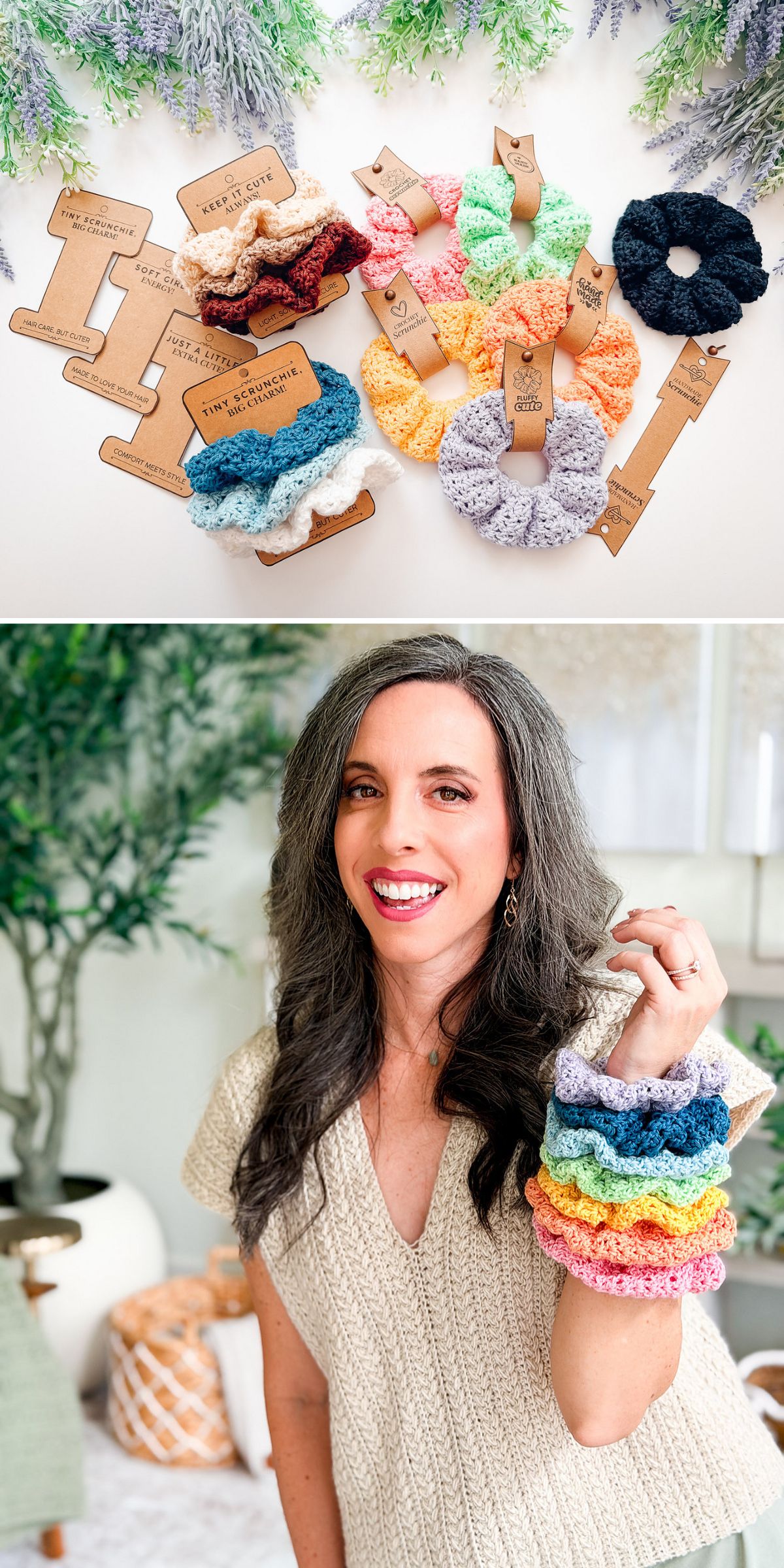 Top: Various colorful crochet scrunchies displayed with labeled tags. Bottom: Woman with long dark hair wearing a beige sweater and holding several crochet scrunchies on her arm.