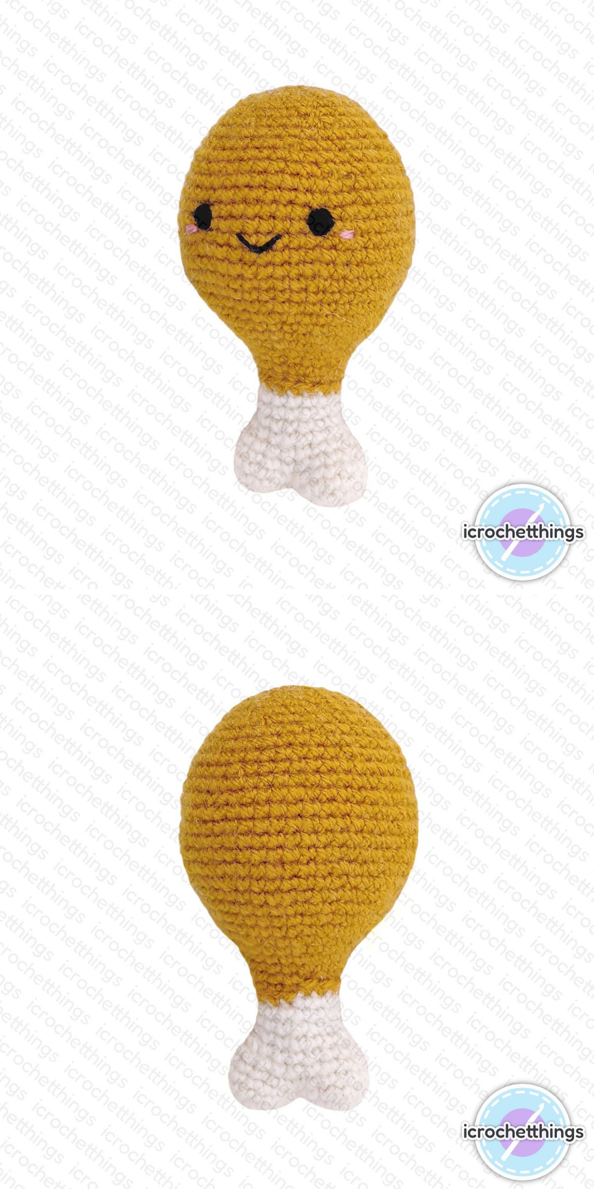 Two views of a food amigurumi crocheted drumstick: one showing the front with a smiling face, and one showing the back, both featuring a yellow "meat" part and a white "bone" end.