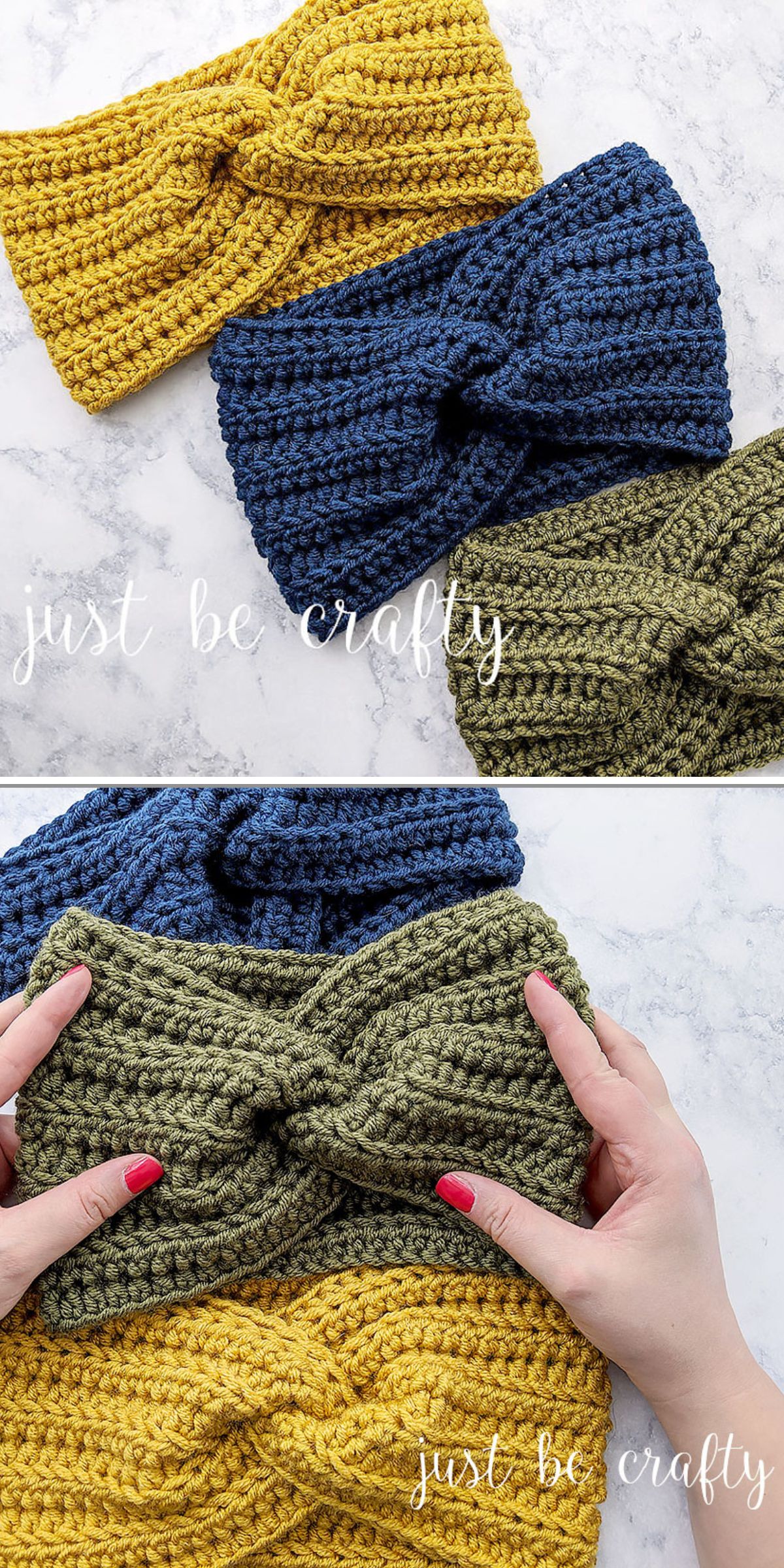Three crochet headbands in yellow, blue, and green are displayed on a white surface; hands hold the green crochet headband in the lower image. Text reads “just be crafty.”.