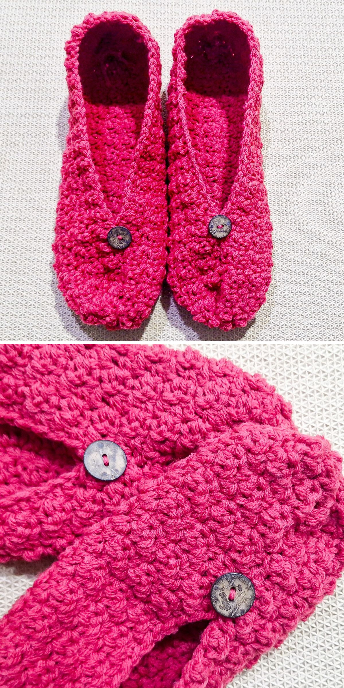 Two pink crochet slippers with textured stitching, each featuring a single round button on the front.