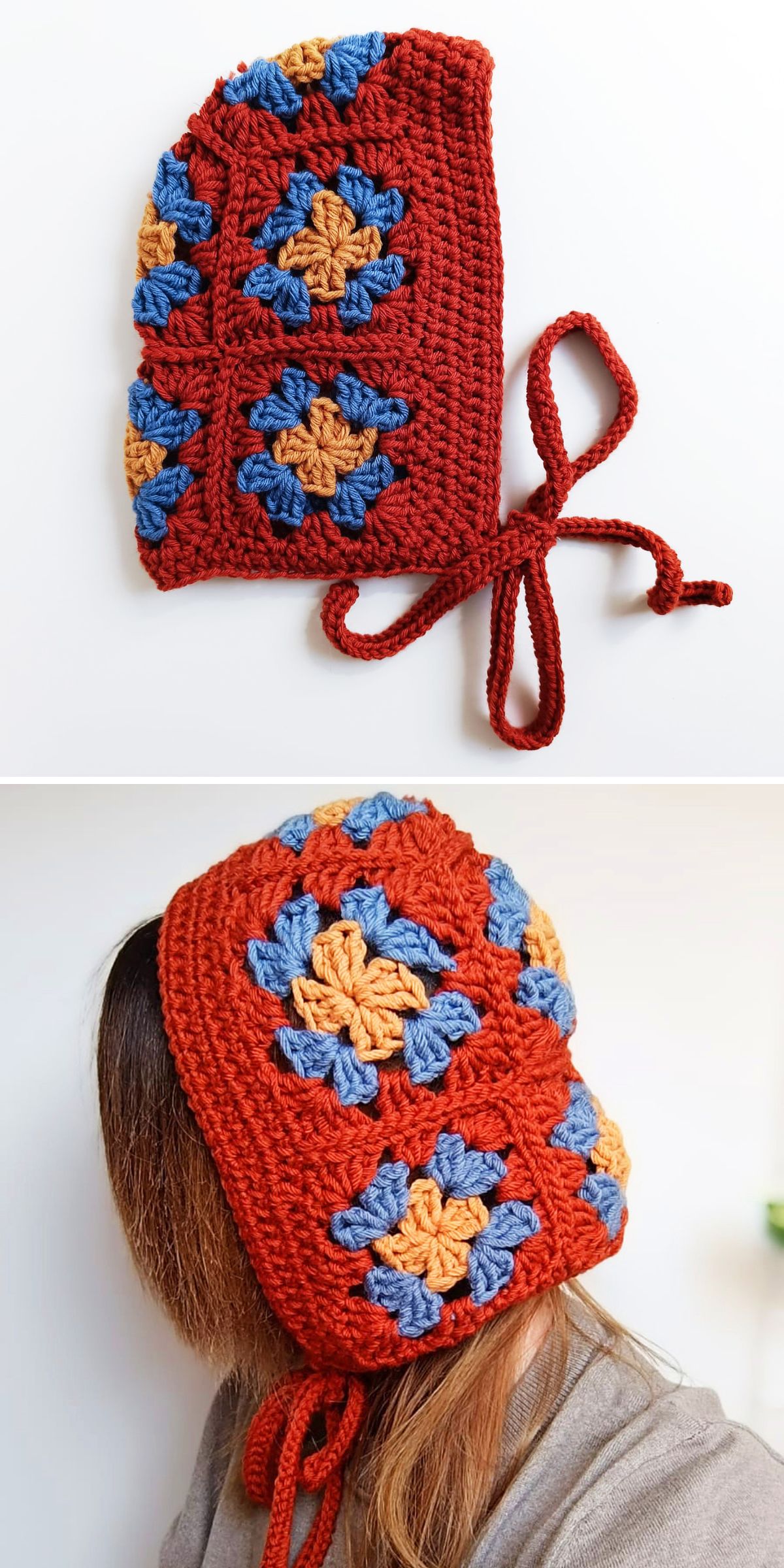 A crochet hood bonnet with granny square patterns in red, blue, and yellow, shown both laid flat and worn on a person’s head.