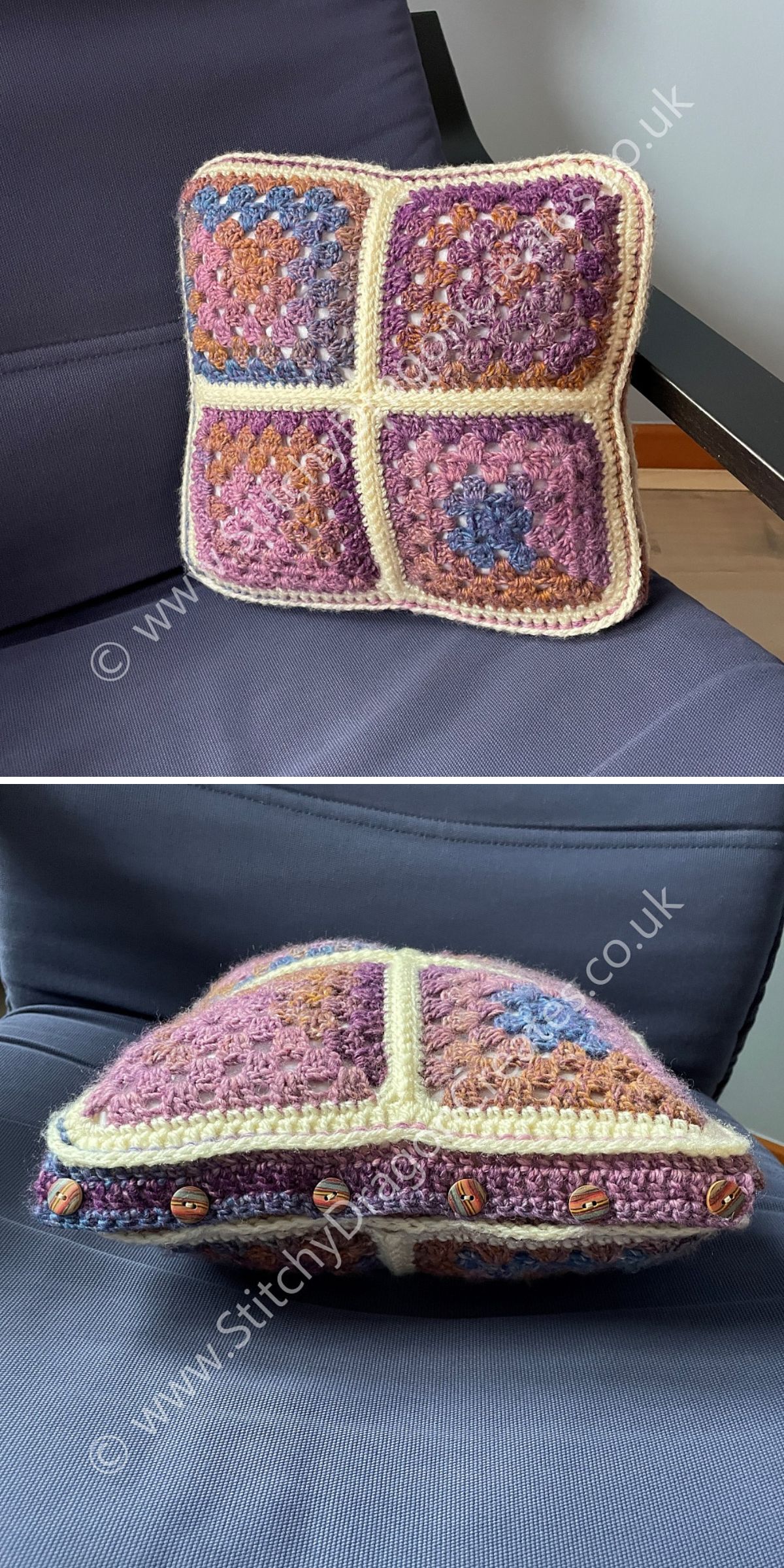 This crochet pillow features four purple and multicolored granny squares on the front, cream edging, and a row of brown buttons on the side. The small, square design adds a cozy handmade charm to any space.