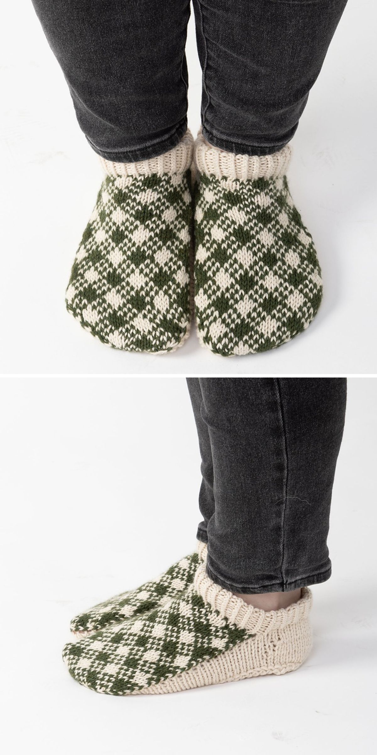Person wearing hand-knitted, green and cream patterned slippers, crafted using knitting patterns for socks, shown from front and side against a plain white background.