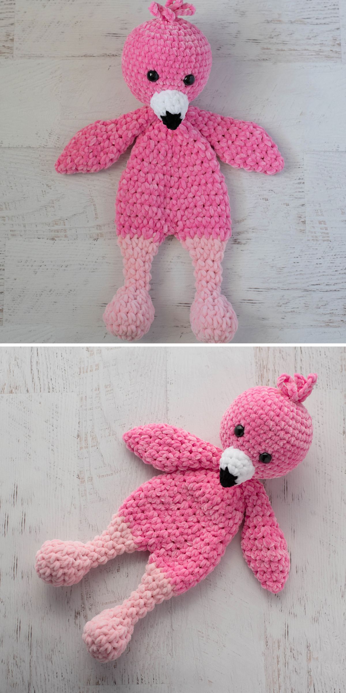 A handmade pink and light pink crochet bird plush toy with a white and black nose, lying on a light wooden surface.