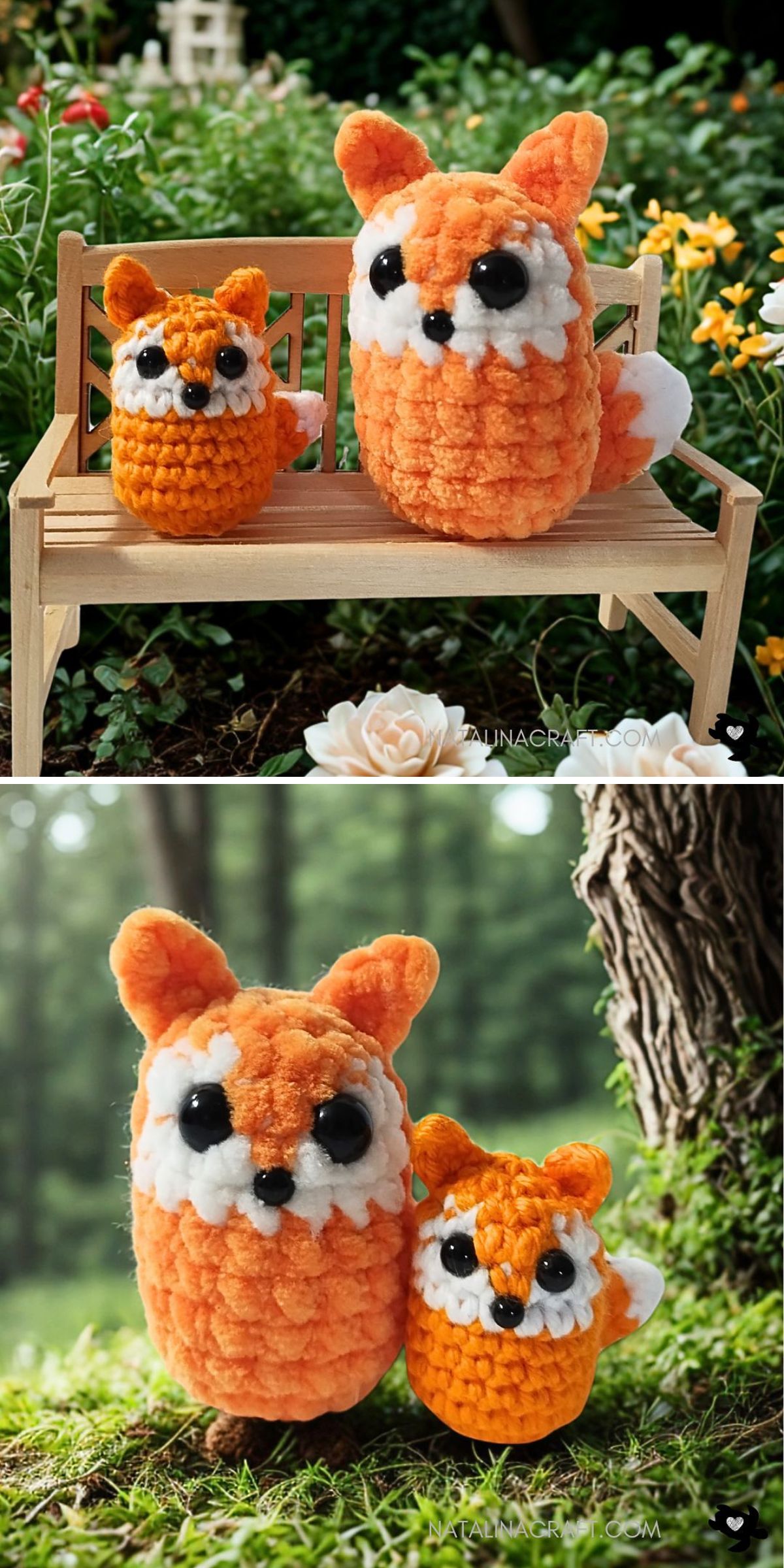 Two crochet fox plush toys, one large and one small, are displayed on a wooden bench and on the ground outdoors, surrounded by greenery and flowers.