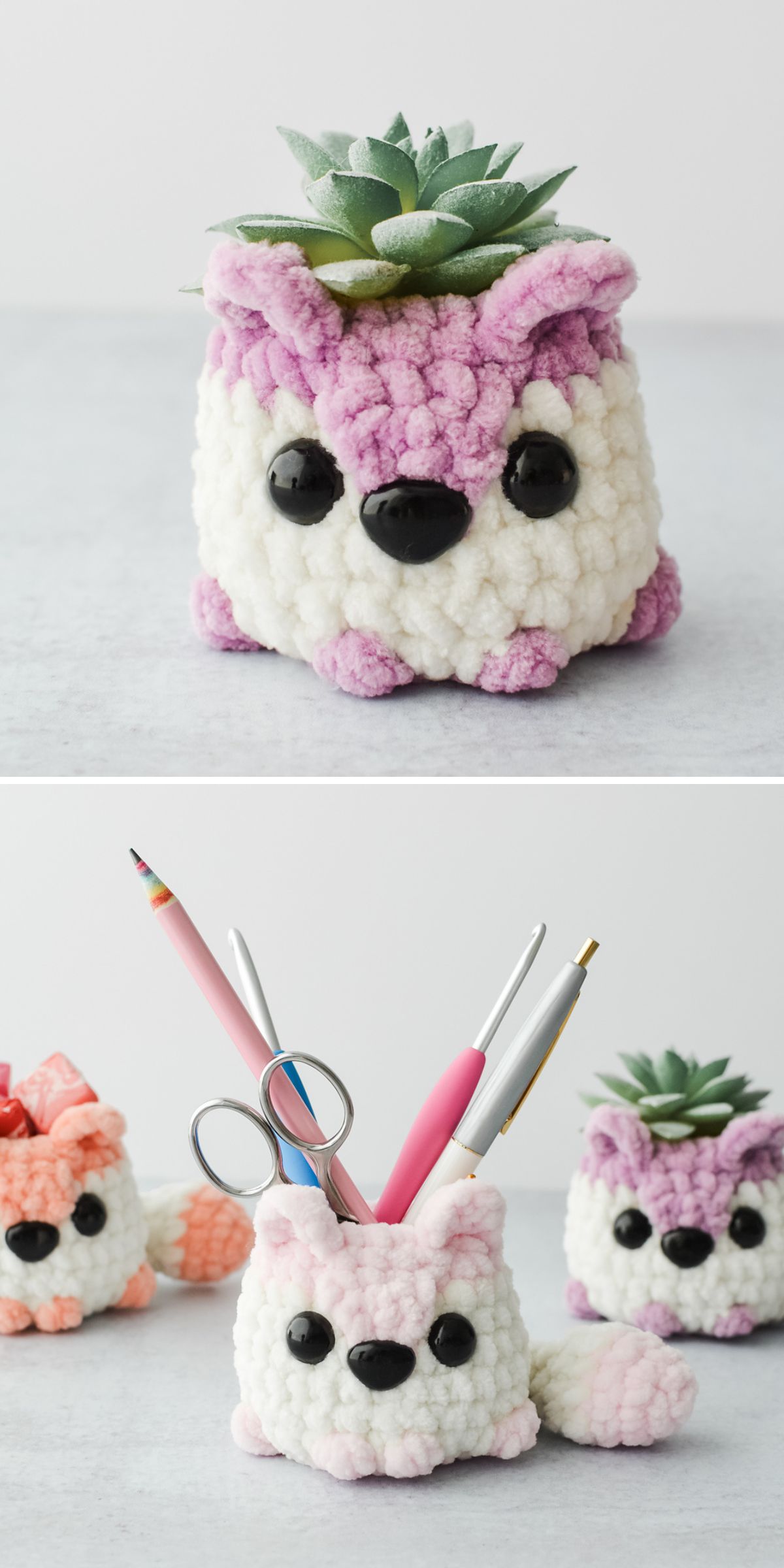 Plush animal-shaped desk organizers, including a charming crochet fox, hold various items; one displays a succulent on top, while others store pencils, pens, and scissors.