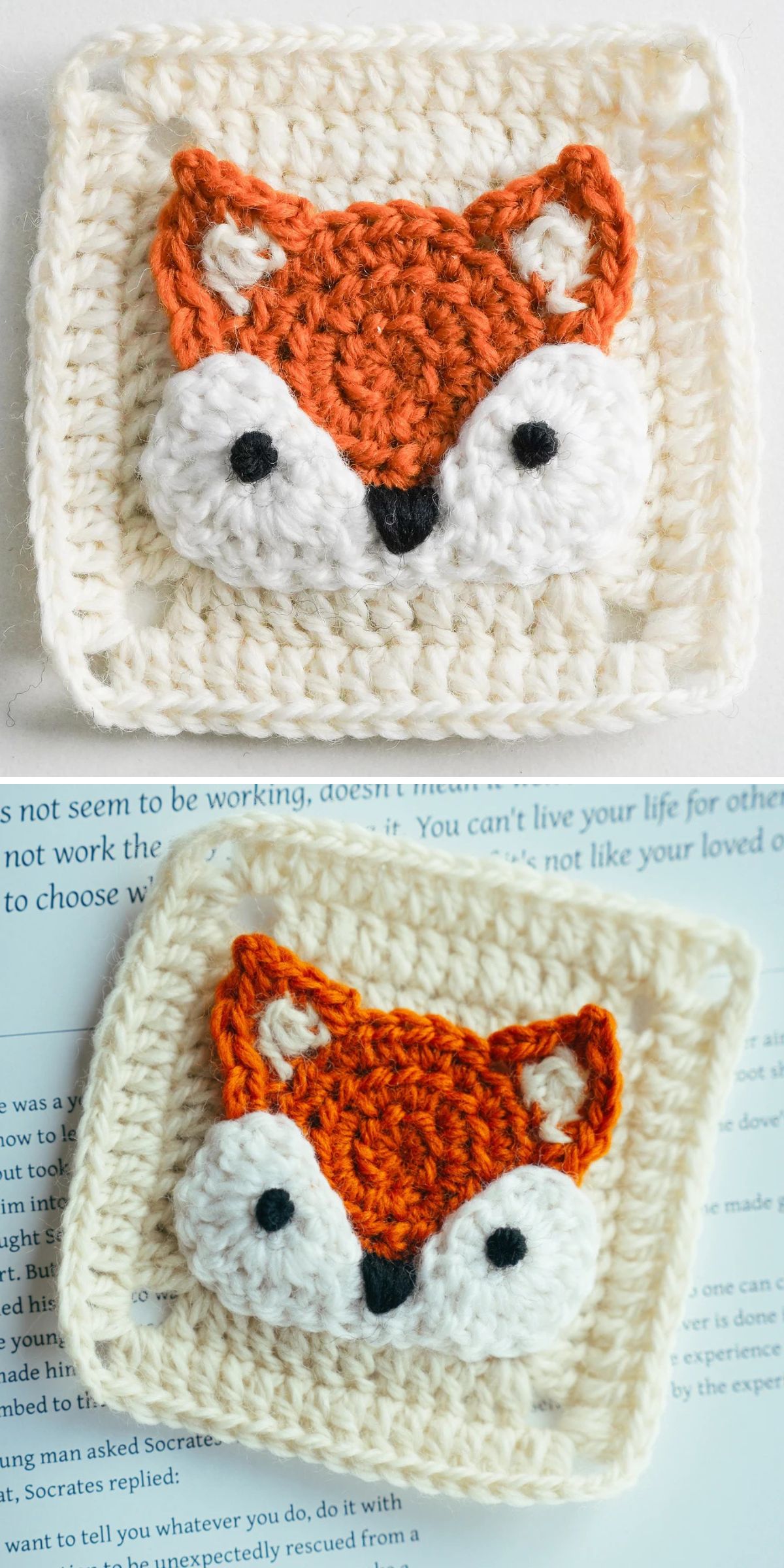 Two crochet fox square patches featuring a charming fox face design with orange, white, and black yarn details, displayed on a white surface beside an open book.