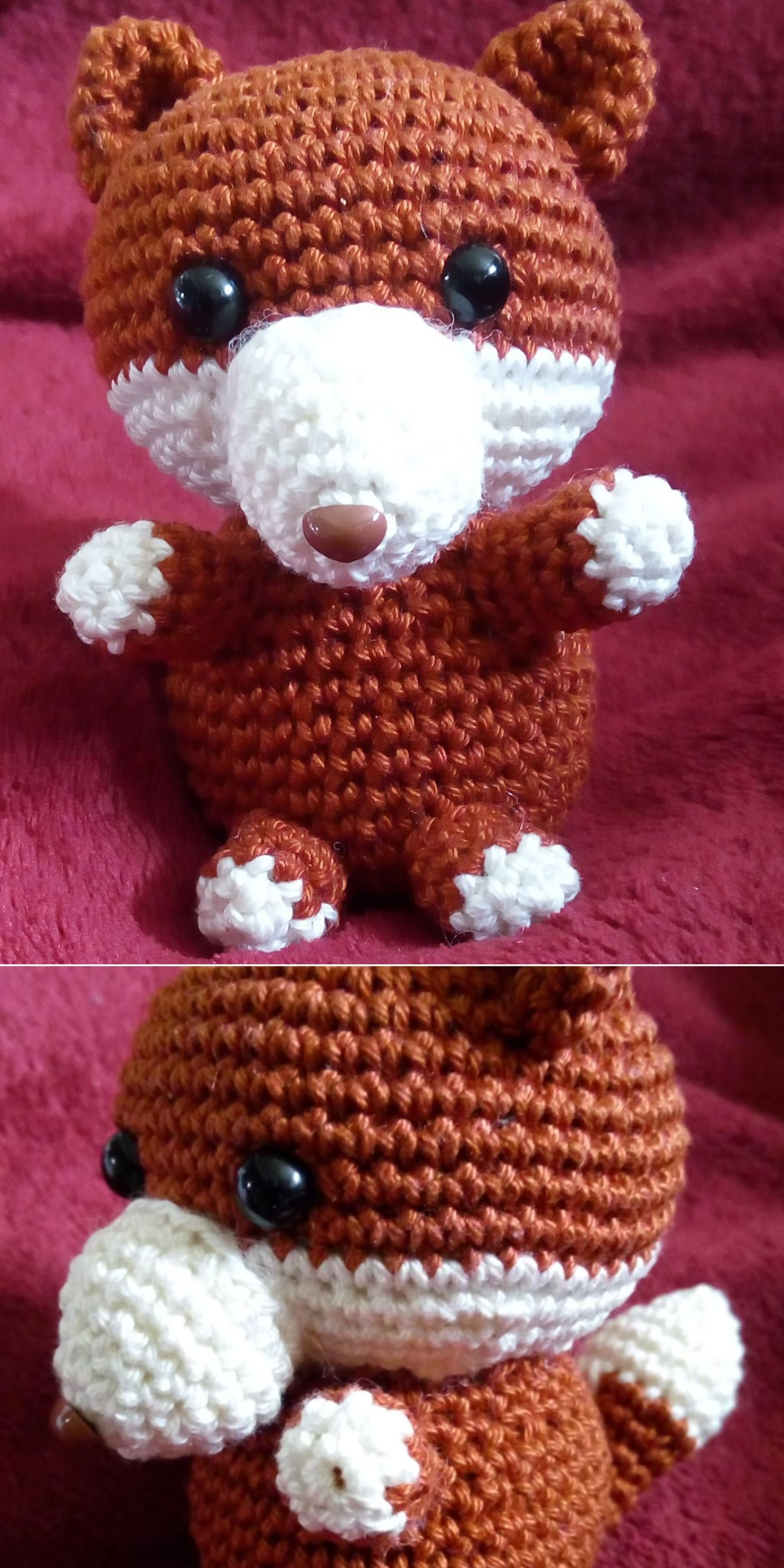 Two images of a crochet fox plush, hand-crafted with brown and white yarn, black button eyes, and a pink nose, are shown from the front and side on a red fabric background.