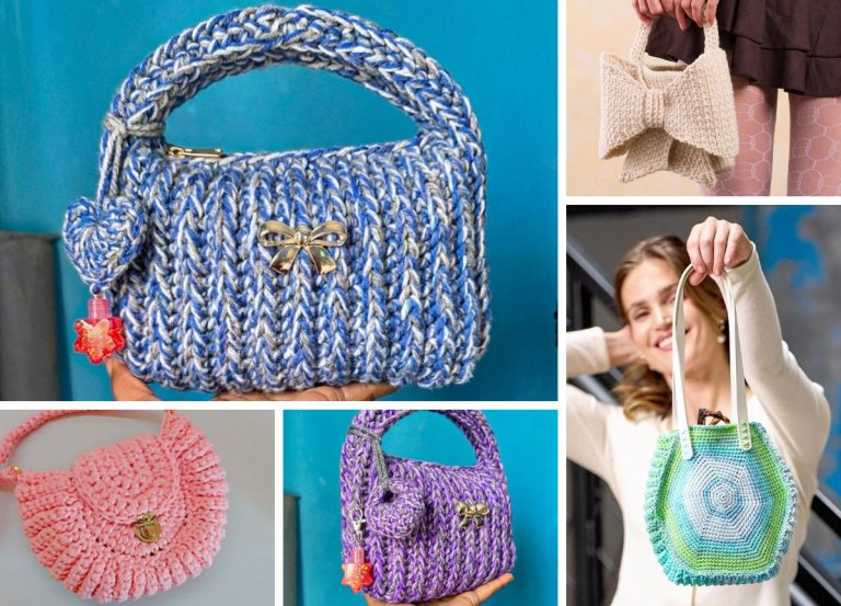 A collage of five colorful, hand-knitted purses in unique shapes and patterns — blue, pink, purple, beige bow, and green — held by different people, showcasing stylish crochet bag patterns perfect for creative inspiration.