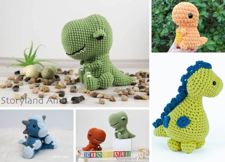 Collage of five adorable amigurumi dinosaur toys in various colors and styles, each displayed individually against simple backgrounds. Perfect inspiration for those searching for unique crochet dinosaur patterns.