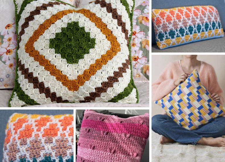 A collage of five crochet pillow covers in various colors and patterns, including geometric shapes, stripes, and textured designs.
