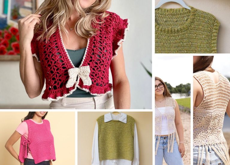 Collage of six women’s crochet vest styles in various colors, including sleeveless, open-front, and tied-front designs, all beautifully modeled by different people.